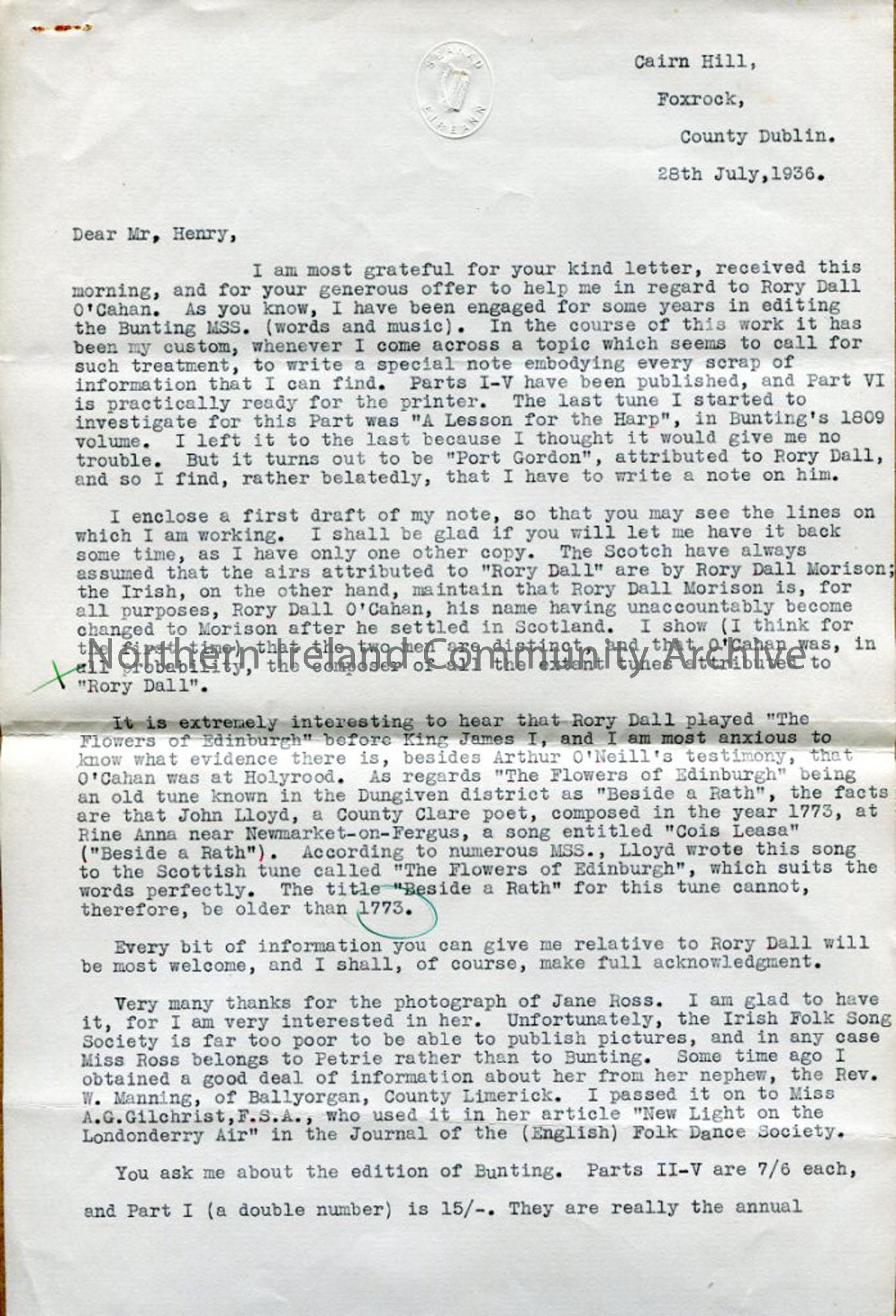 Page one of two – Letter from Donal O’Sullivan, 28.7.1936