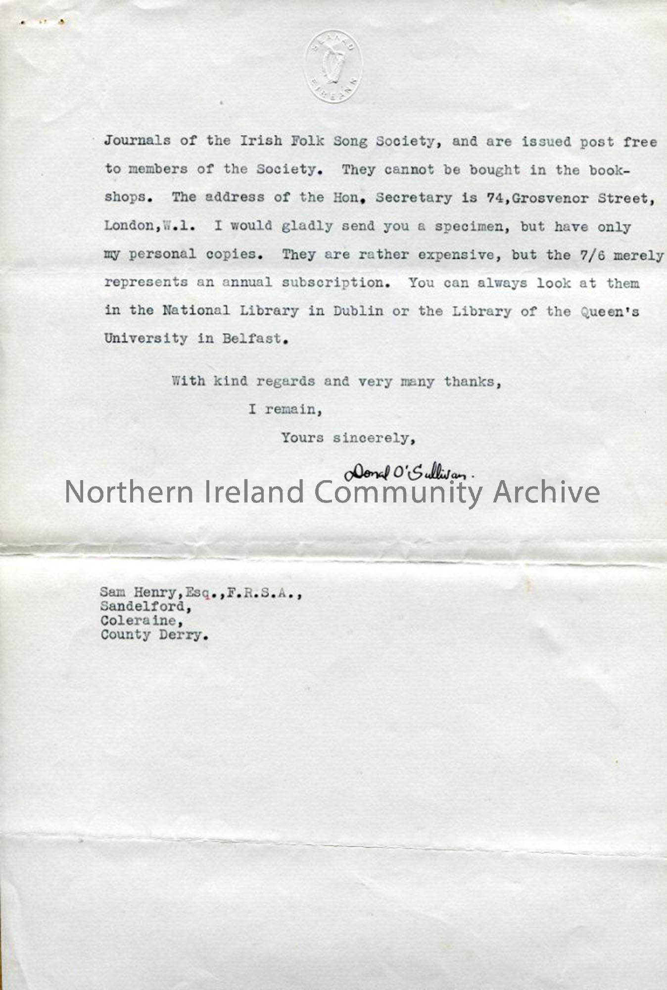 Page two of two – Letter from Donal O’Sullivan, 28.7.1936