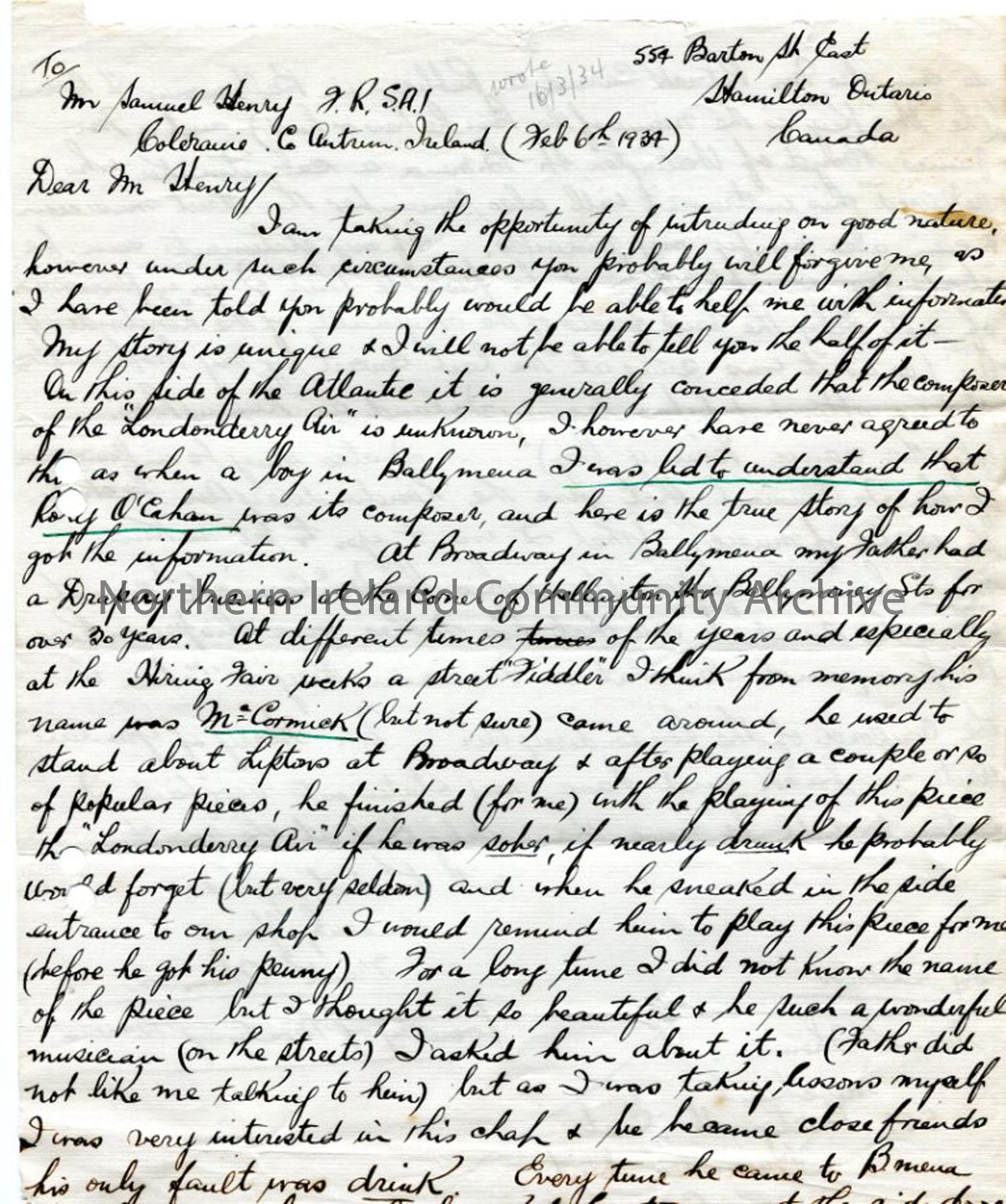 Page one of three – Letter from Frank Thomson, re: Londonderry Air