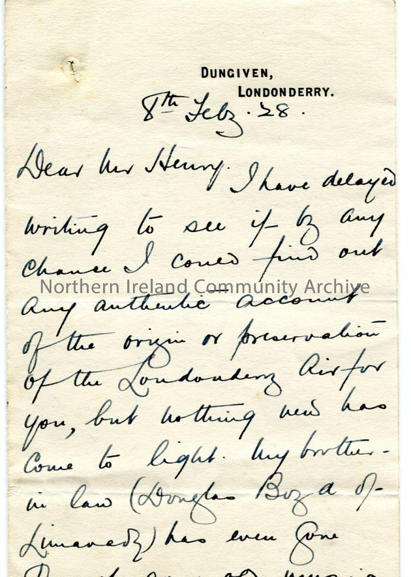 Page one of three – Handwritten letter re ‘Londonderry Air’ and Miss Ross