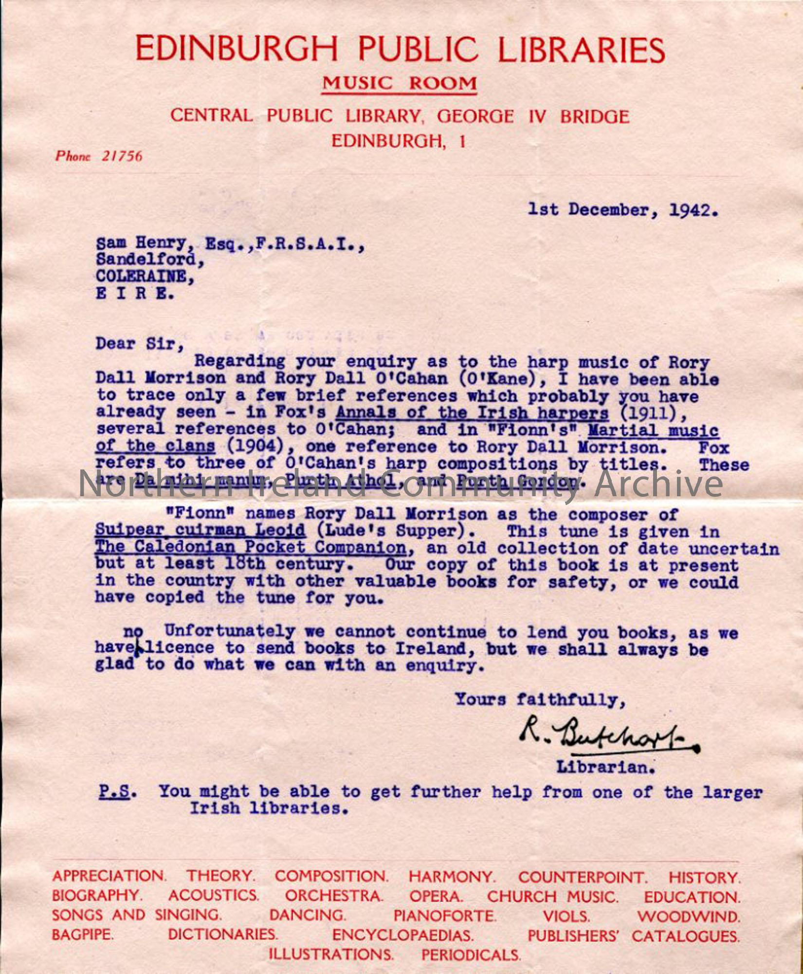 Typed letter from Edinburgh Public Libraries