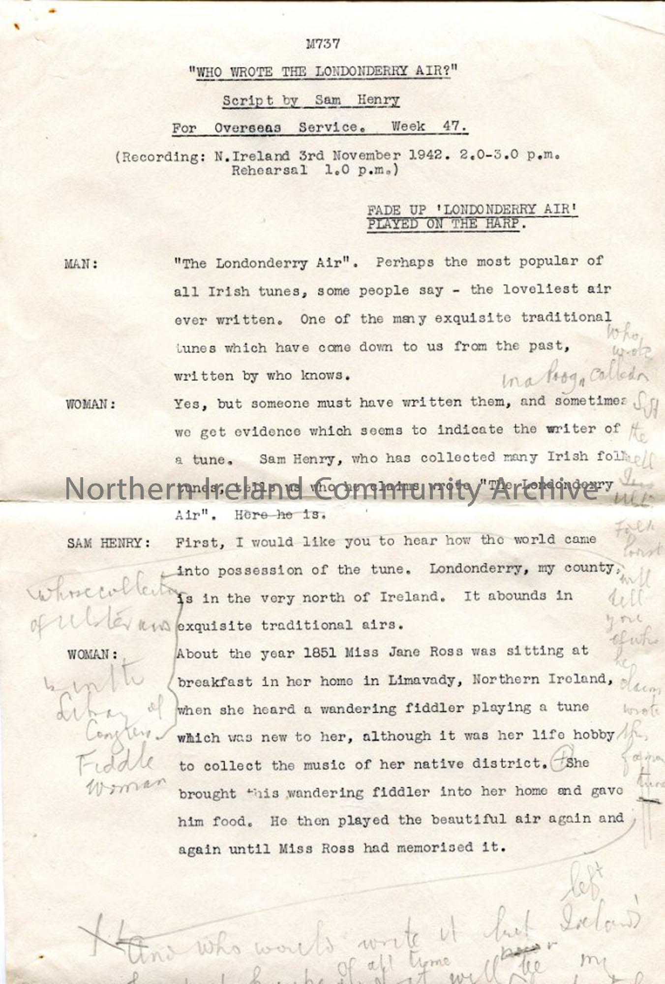 Page One of four pages – script for broadcast ‘Who wrote the Londonderry Air?’