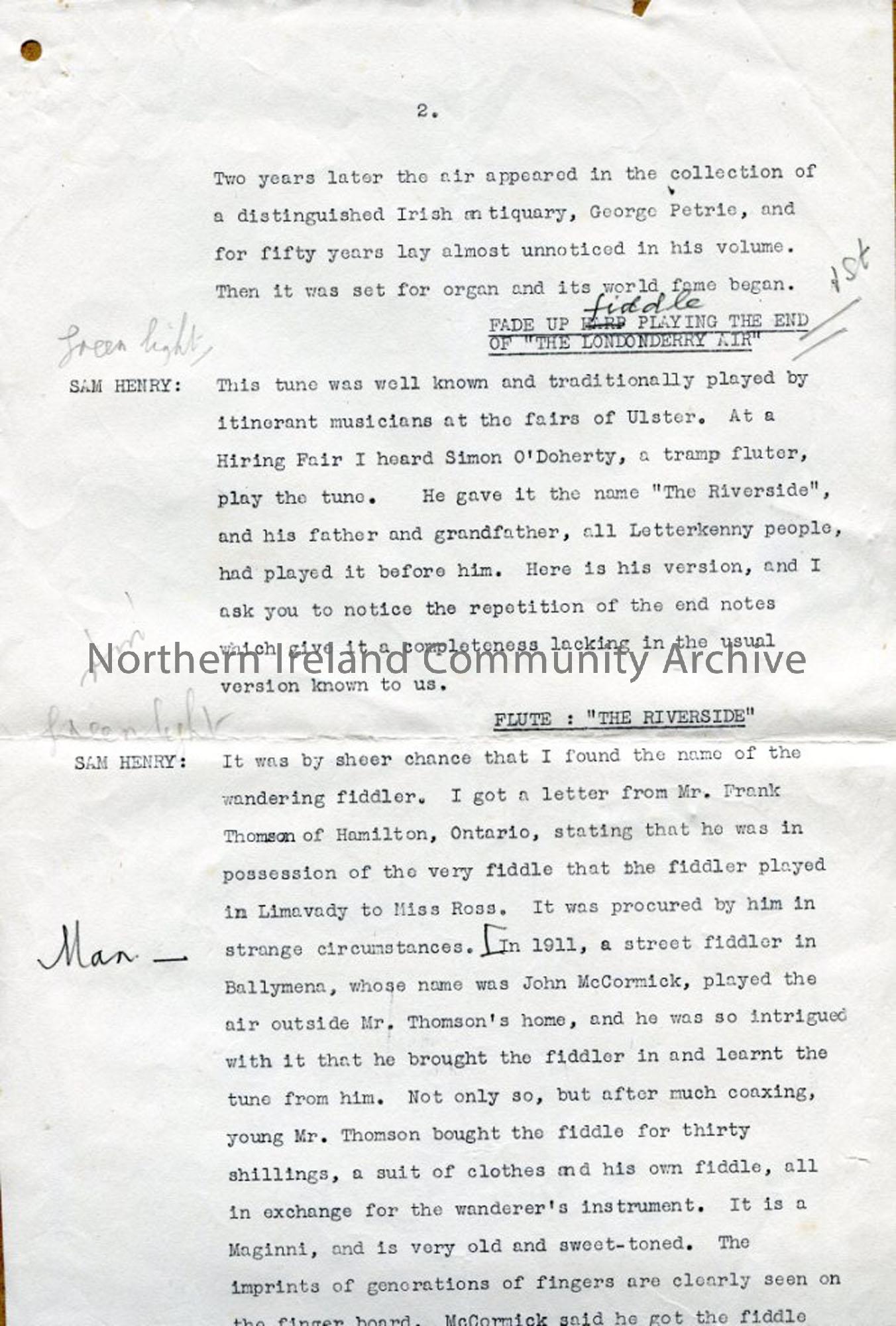 Page two of four pages – script for broadcast ‘Who wrote the Londonderry Air?’