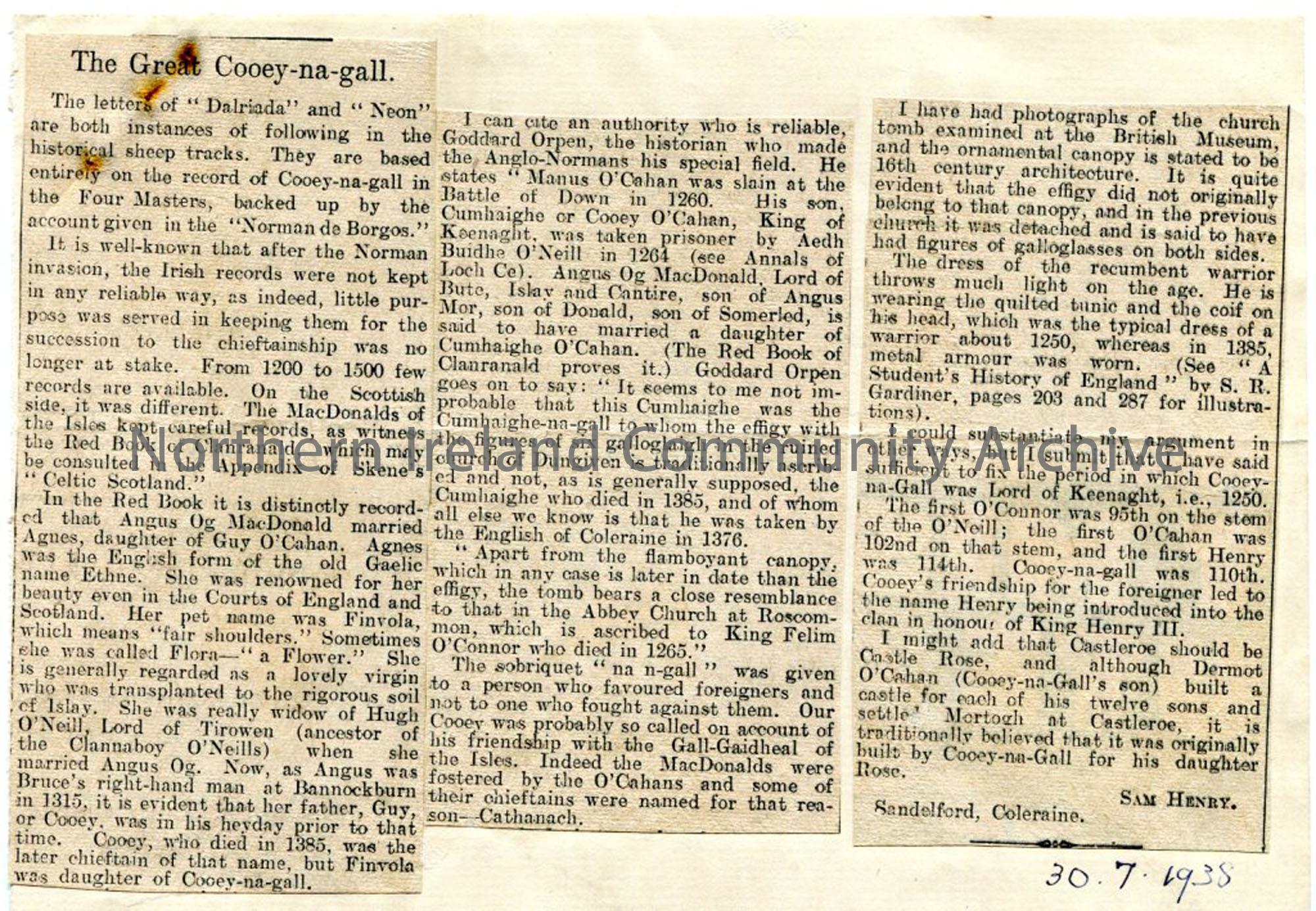 Newspaper cutting – ‘The Great Cooey-na-gall’