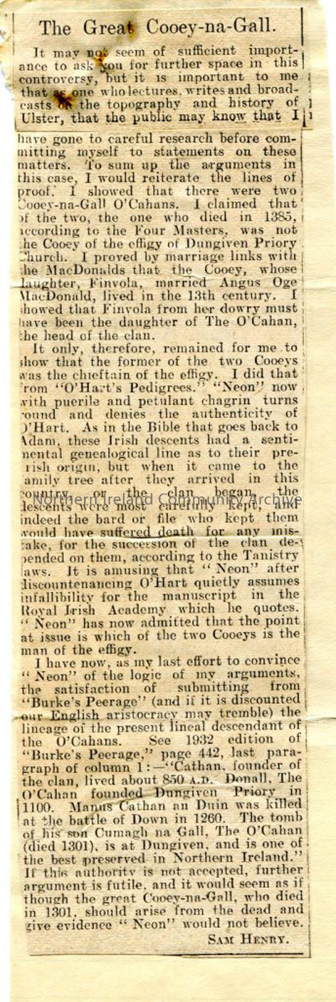 Newspaper cutting. letter from Sam Henry, ‘titled ‘The Great Cooey-na-gall’