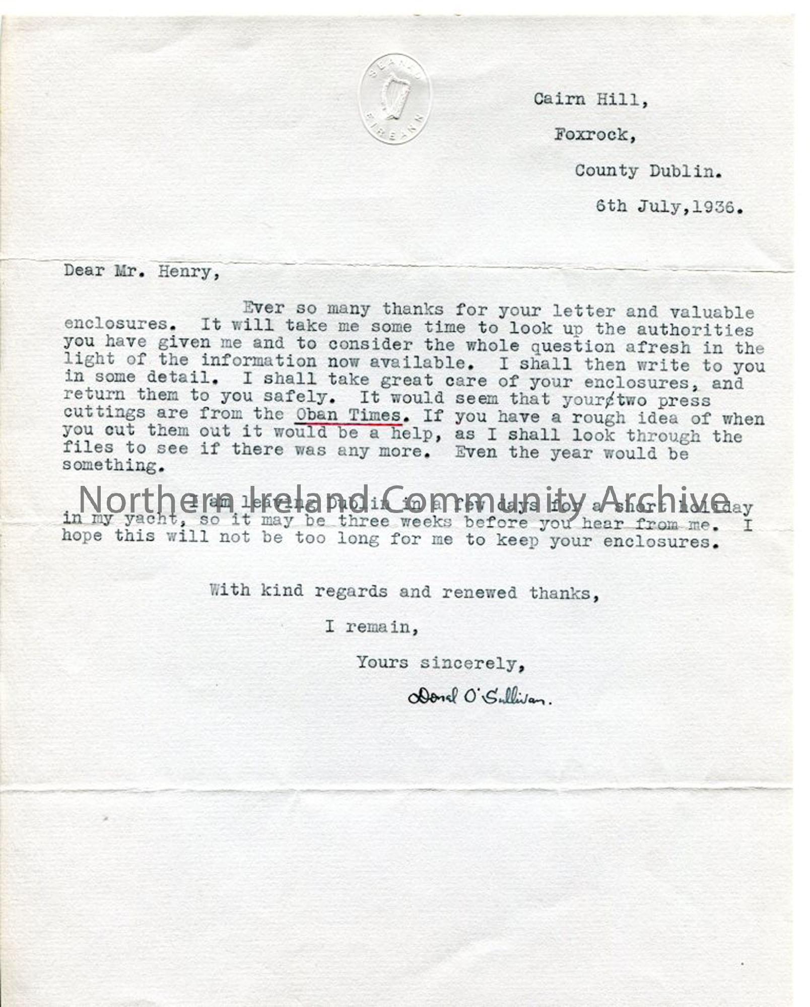 Letter from Donal O’Sulivan, 6.7.1936