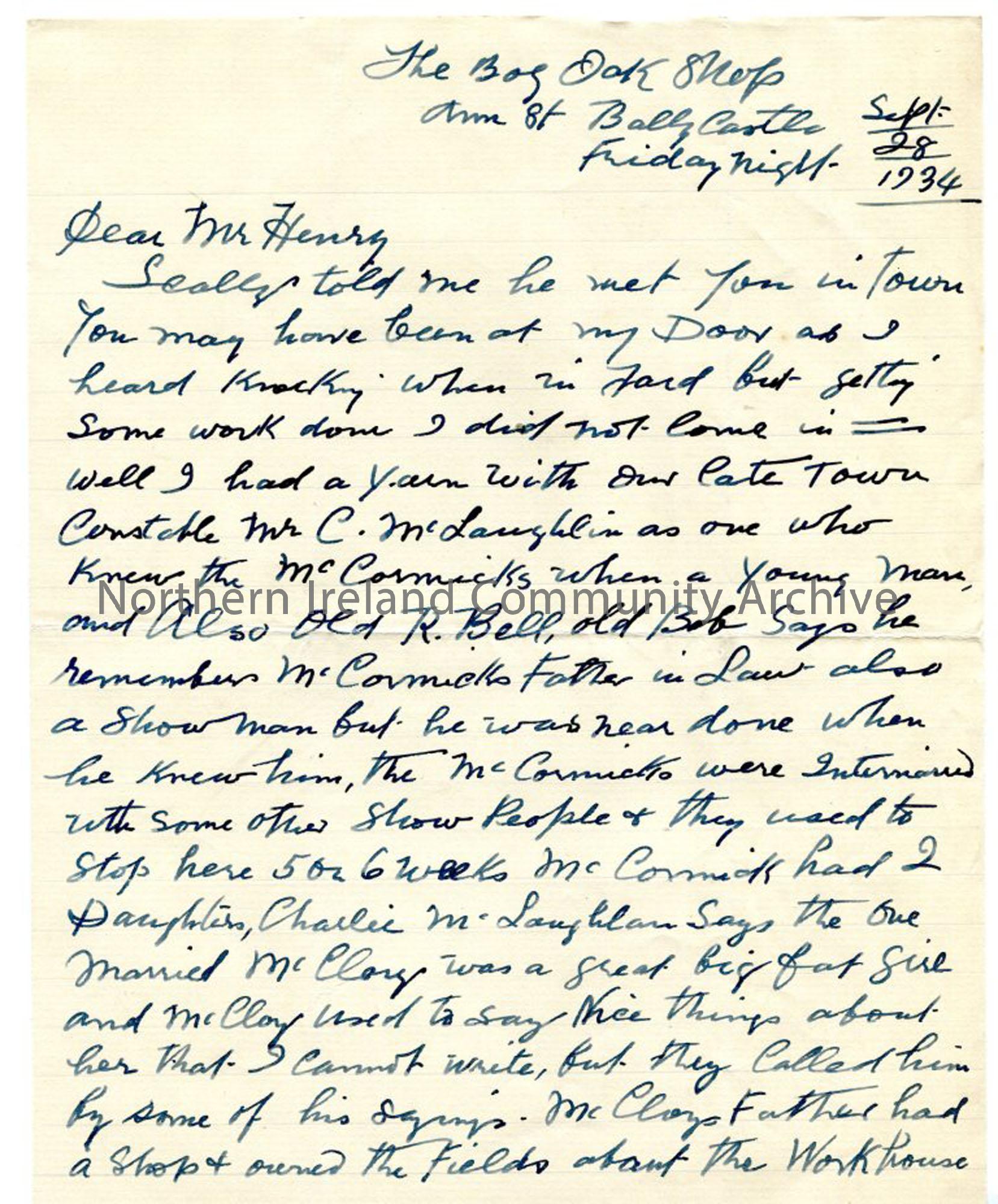 Letter, page 1 of 2, from John MacAulay, 28.9.1934