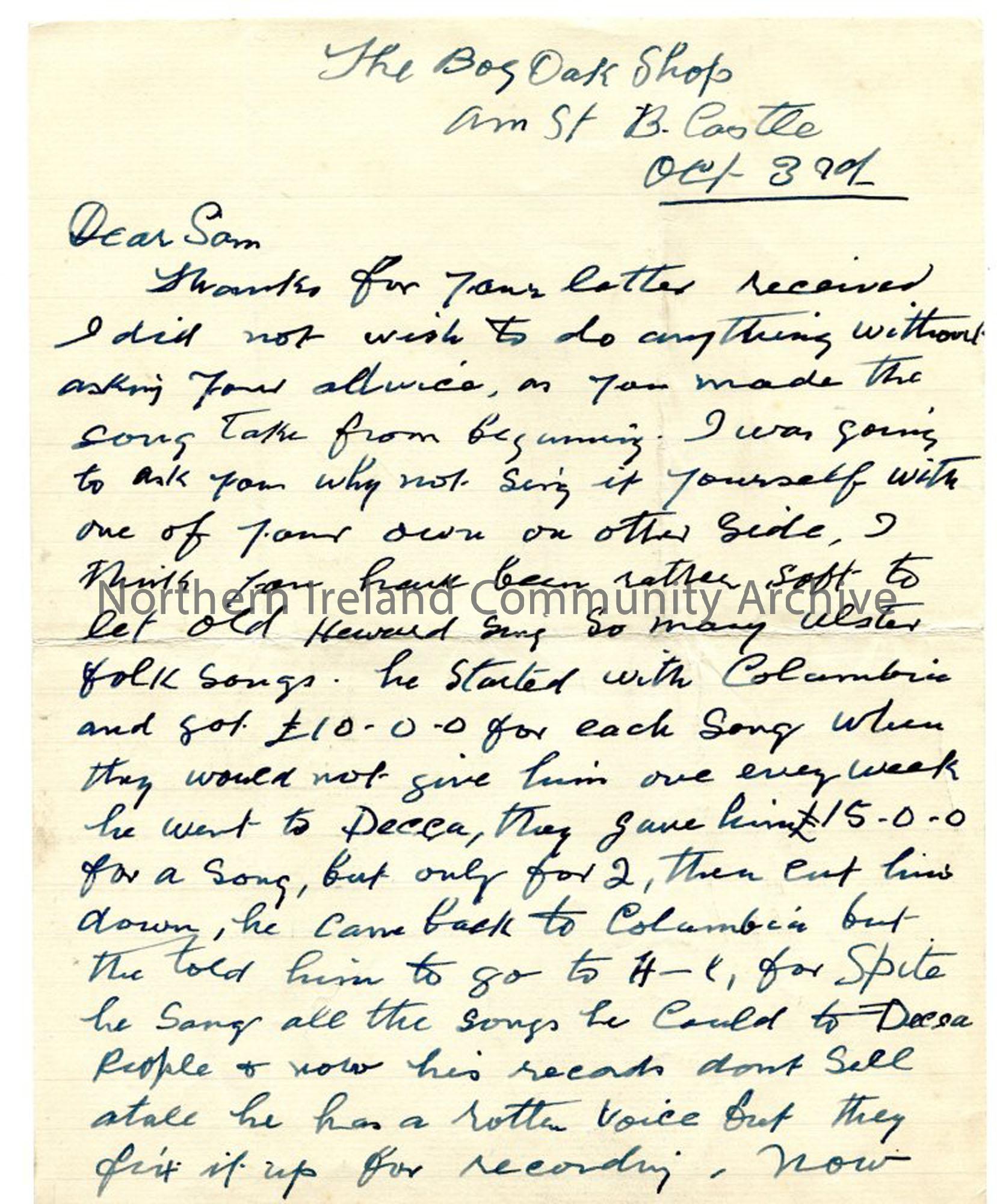 Page 1 of 2 – letter from John MacAulay, 3rd October