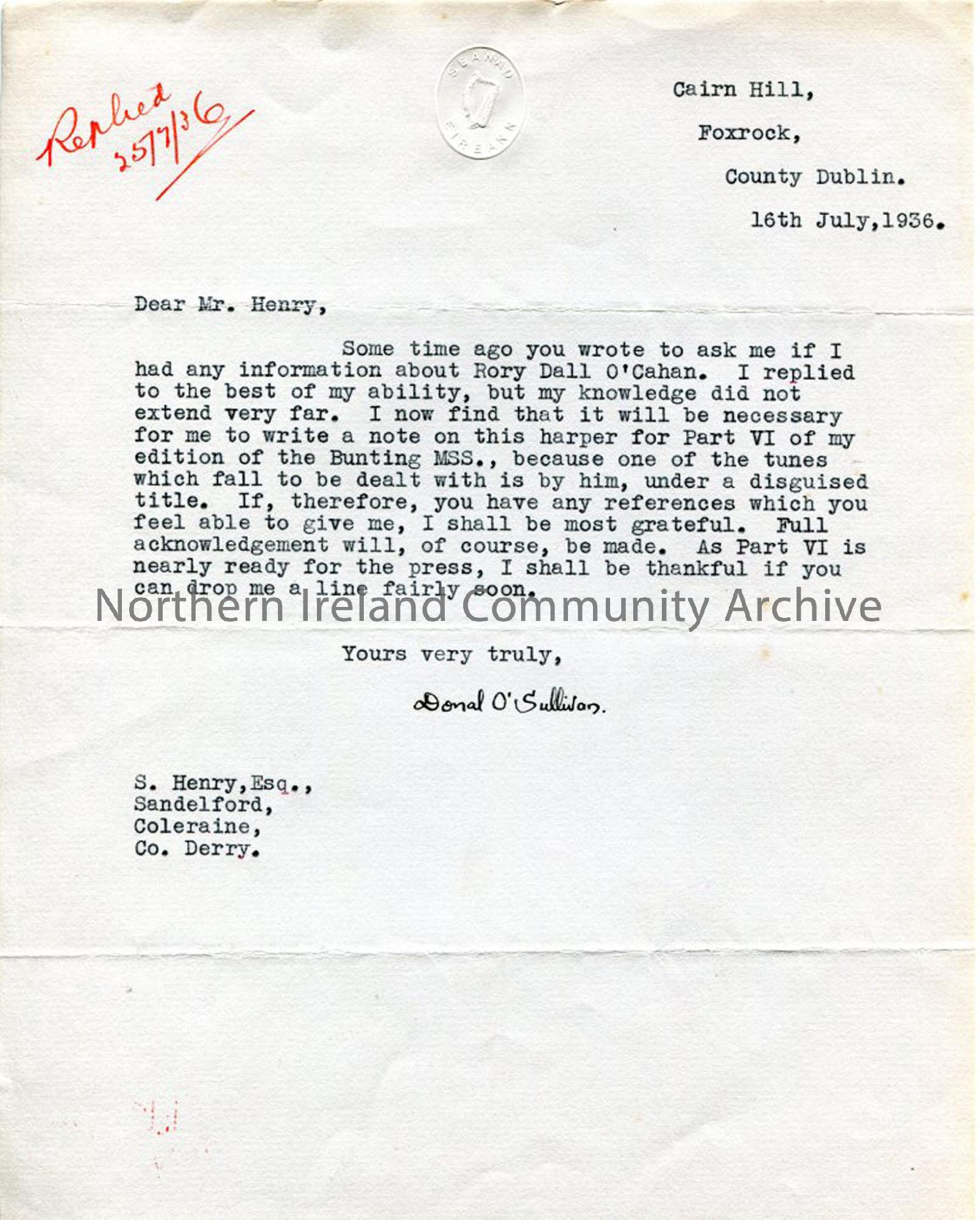 Letter From Donal O’Sullivan, dated 16.7.1936