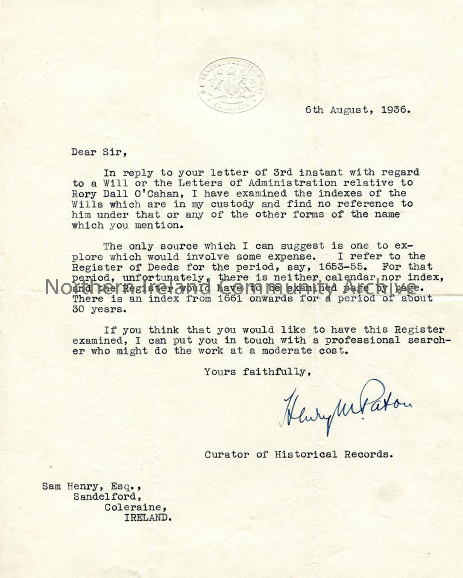Letter from Henry Paton, General Register House, Edinburgh