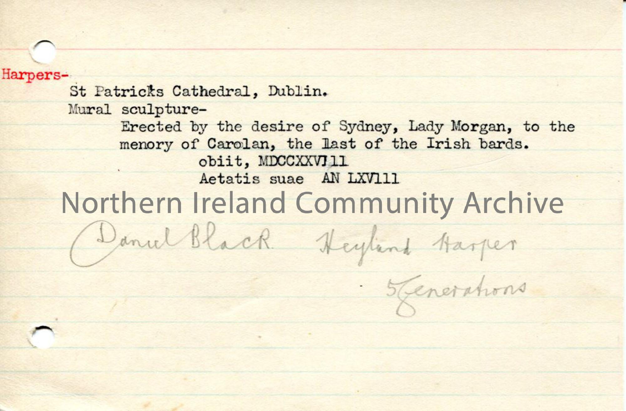 Typed notes re: sculpture in St Patrick’s Cathedral to Carolan, an Irish bard and harper
