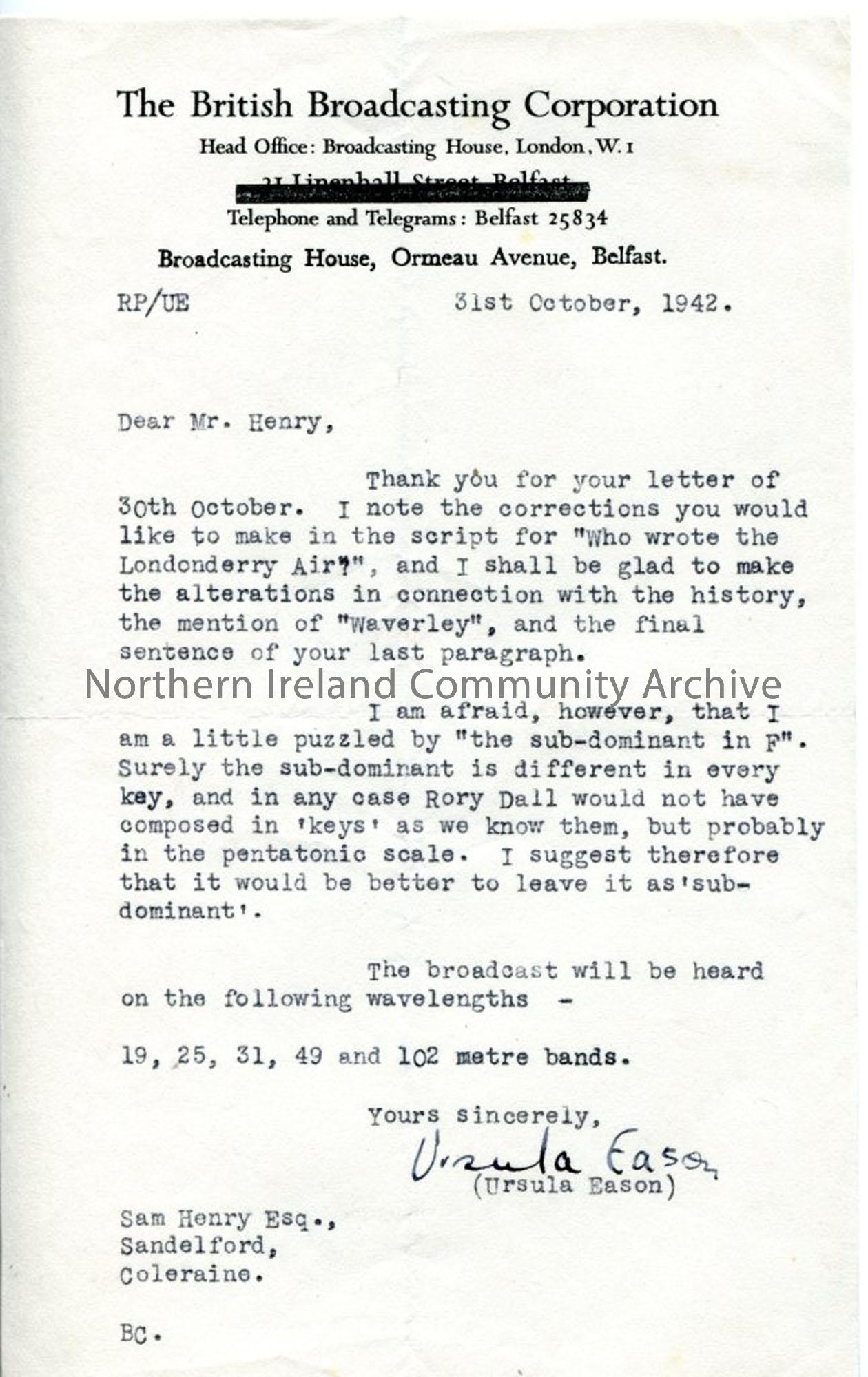 Letter from Ursula Eason of the BBC, 31.10.1942.