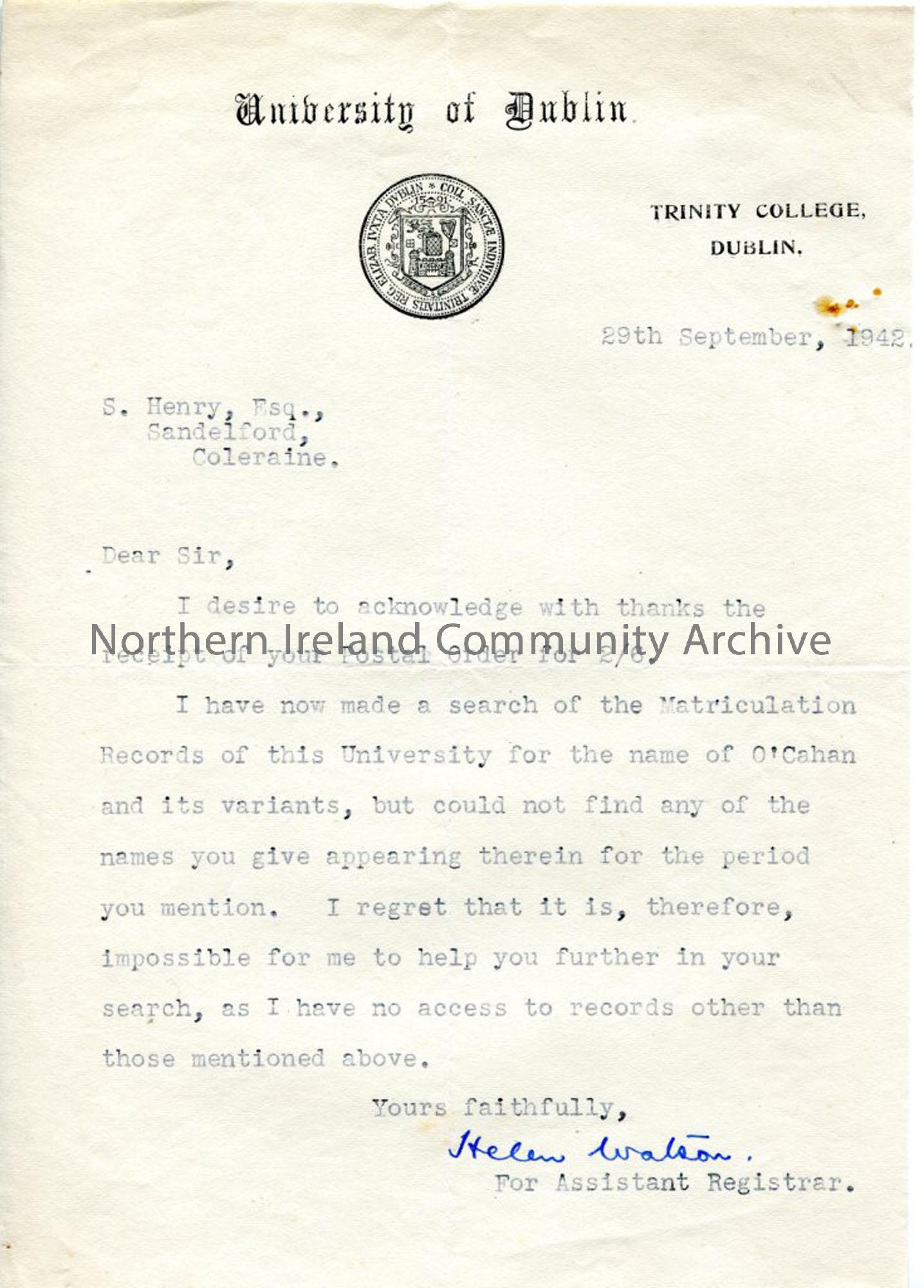 Letter from Trinity College, Dublin, re: O’Cahans