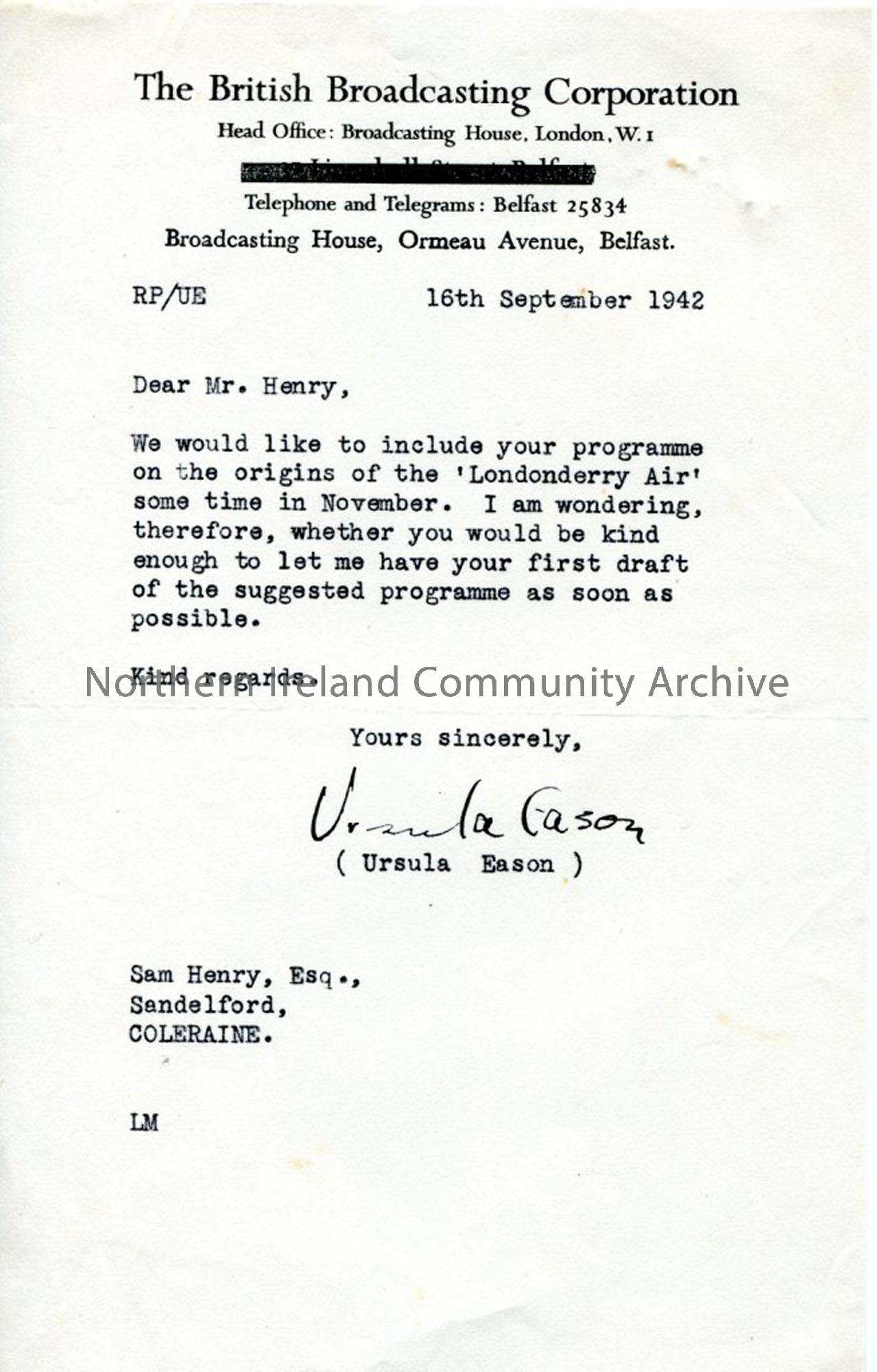 Letter from Ursula Eason of the BBC, 16.9.1942