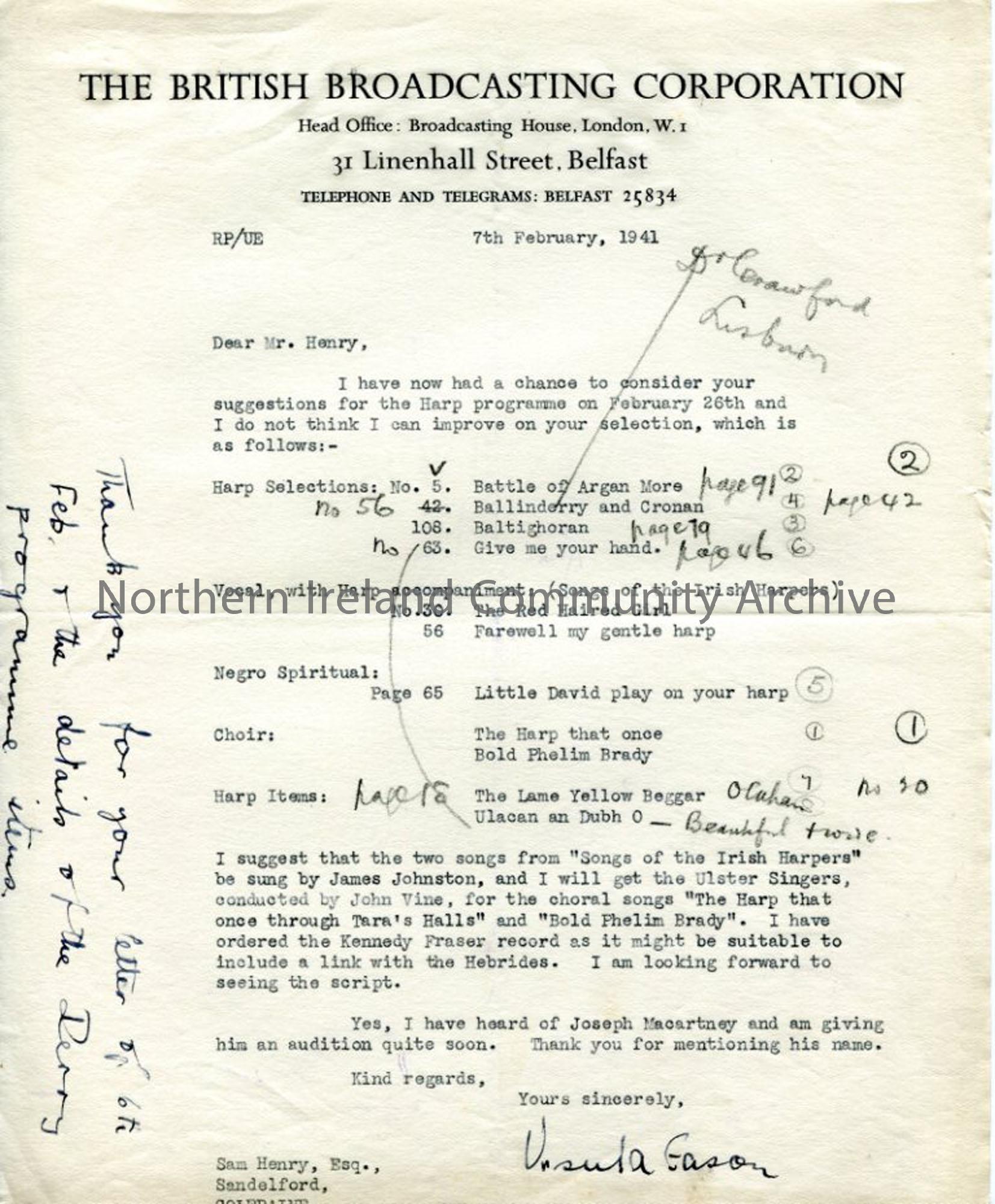Letter from Ursula Eason of the BBC, 7.2.1941