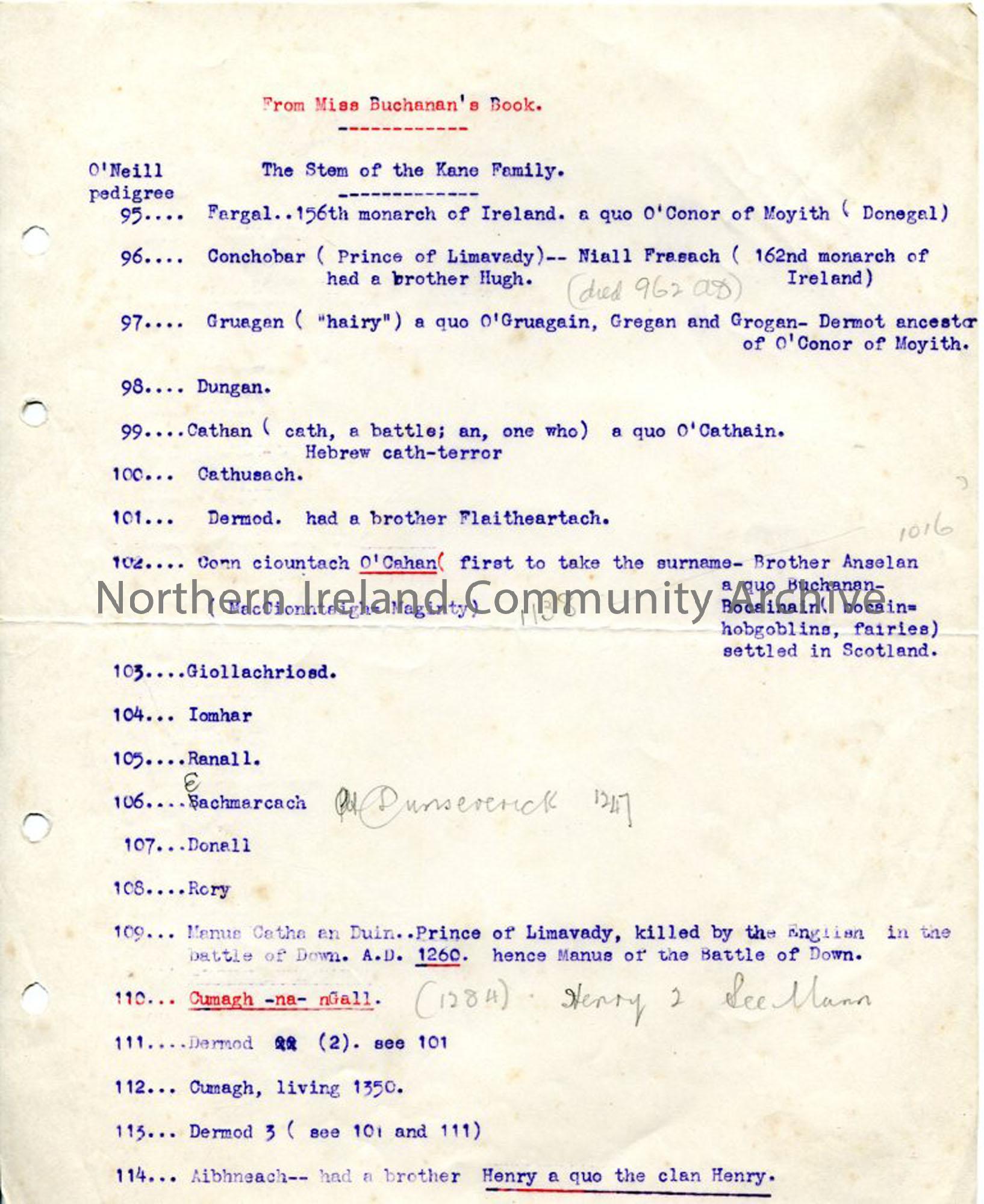 Page One of 2 pages of typed notes re: Kane (O’Cahan) lineage