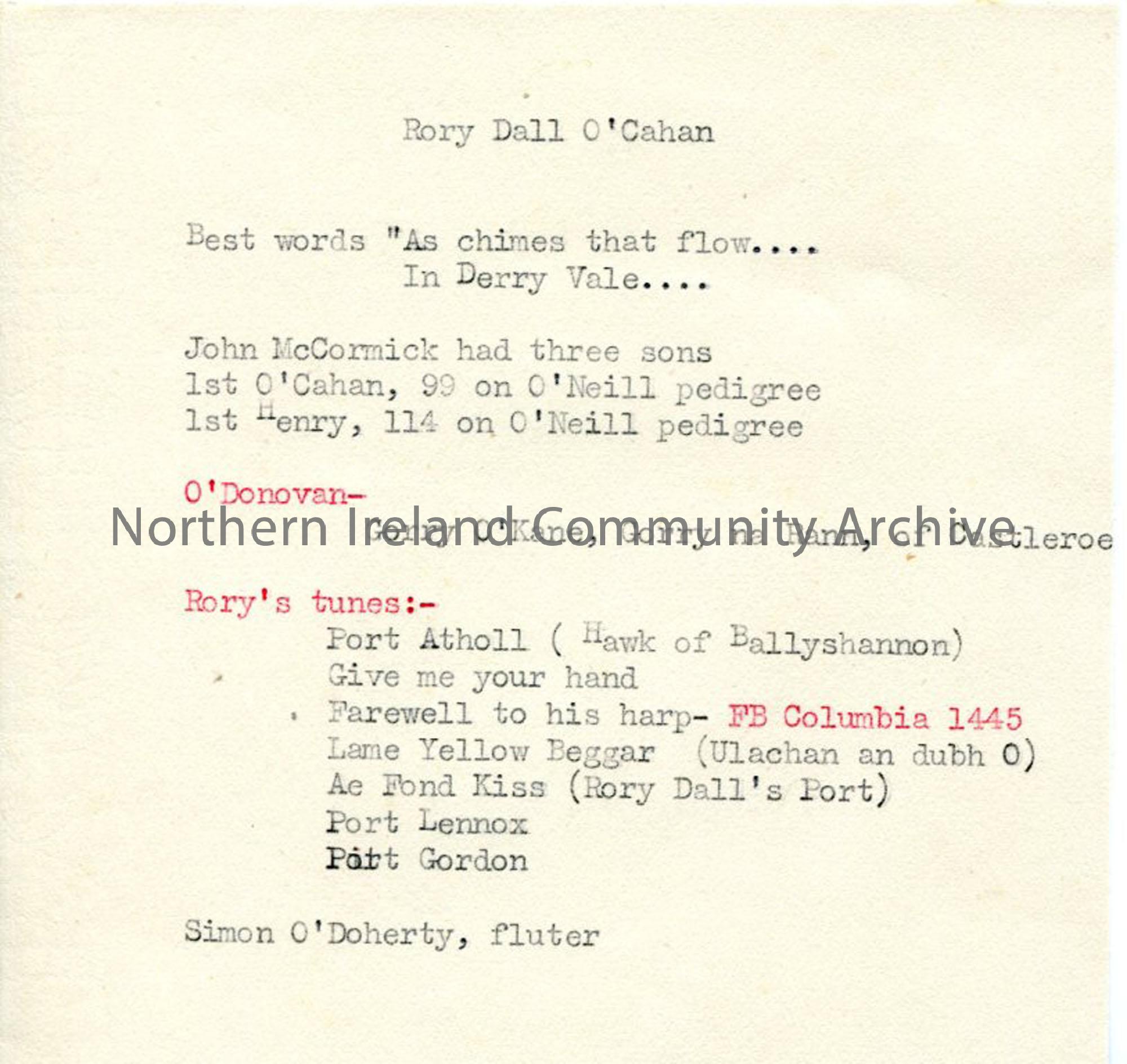 Typed notes re: Rory Dall O’Cahan – lineage and ‘Rory’s tunes’