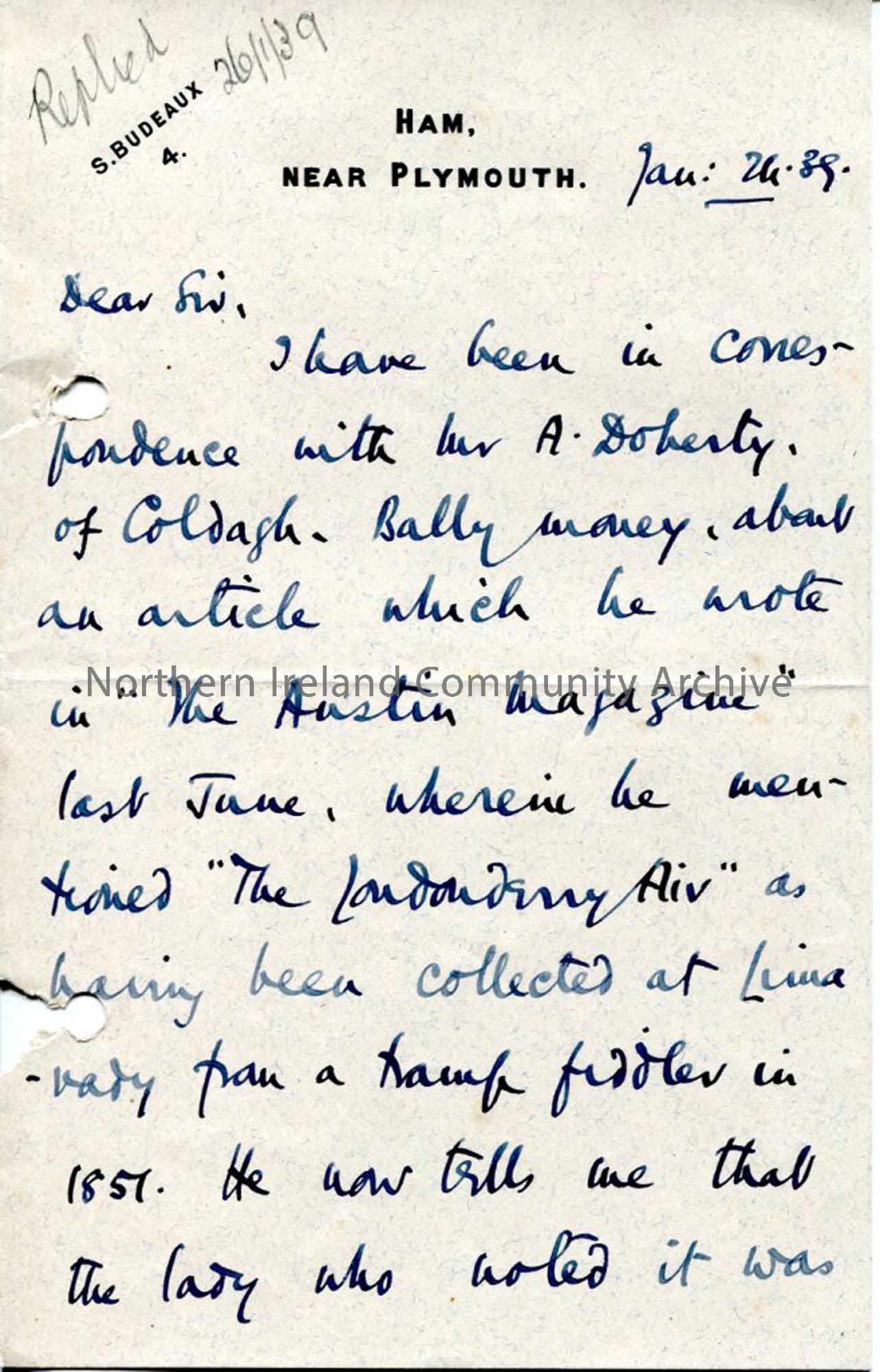 Page one of three – letter from Rev W T Trelawney-Ross, dated 24.1.1939
