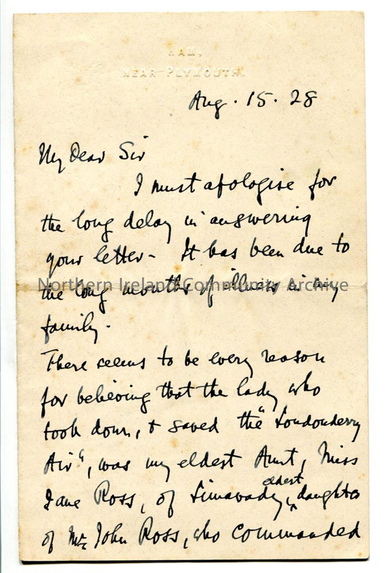 Page one of letter from Rev Trelawney-Ross, dated 15.8.1928