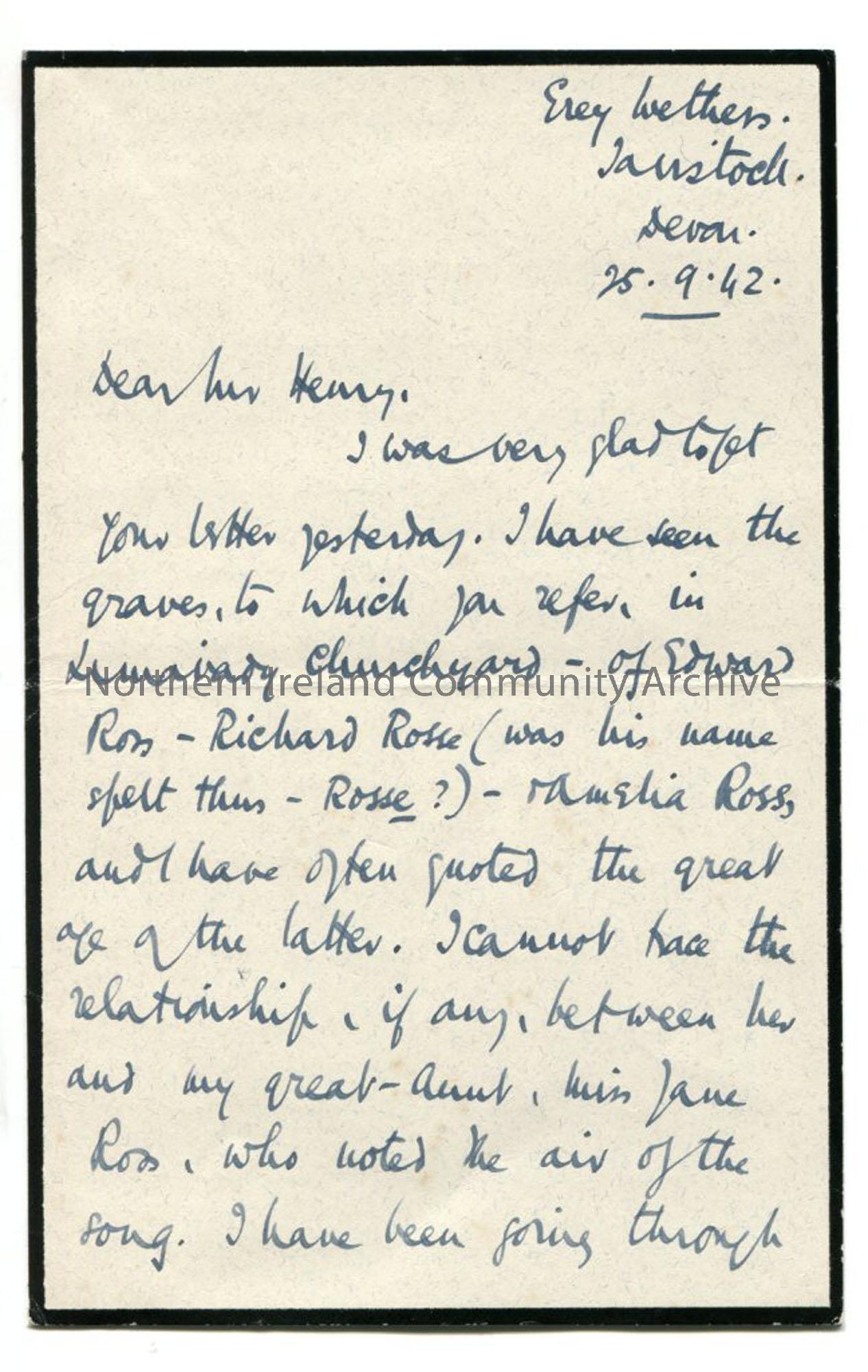 Page one of letter from Rev Trelawney-Ross, 25.9.1942