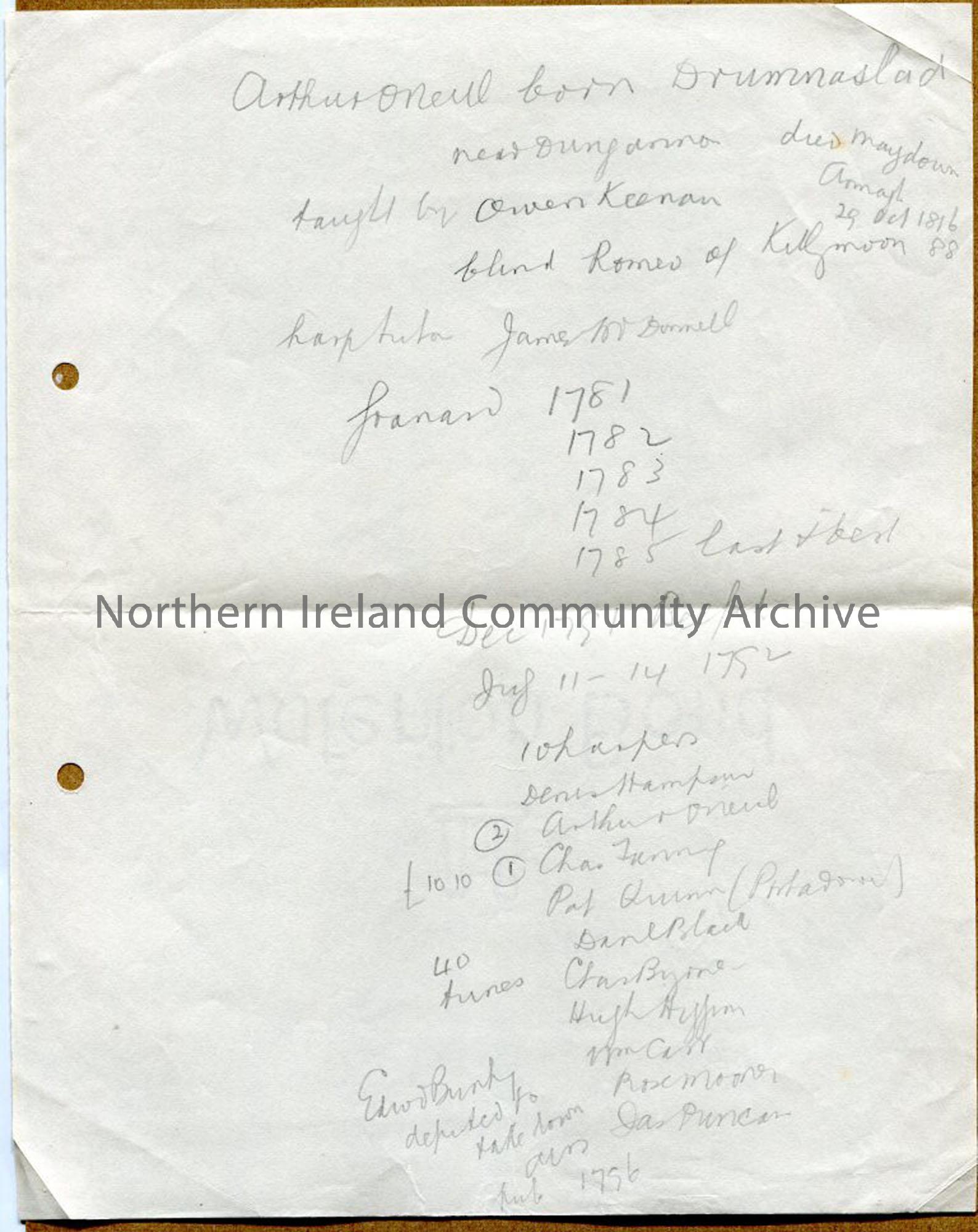 Handwritten notes re: Arthur O’Neill, harper