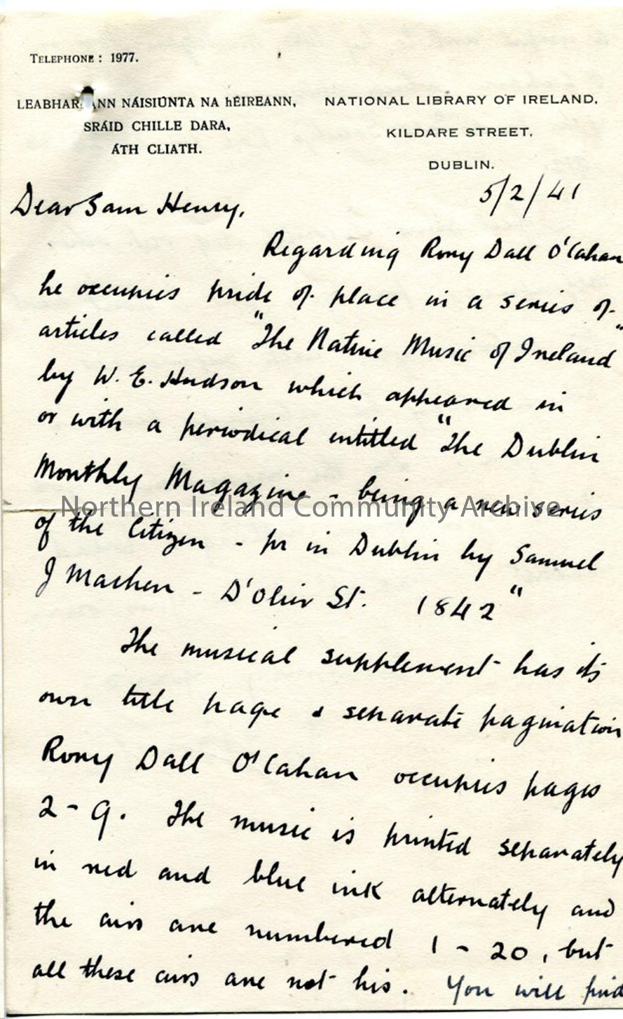 Page one: letter from JJ Bonch of National Library of Ireland, dated  5.2.1941.