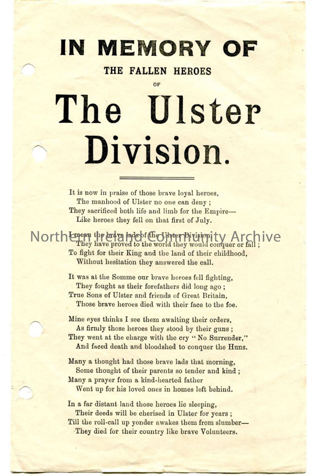 ‘In Memory of the Fallen Heroes of The Ulster Division’