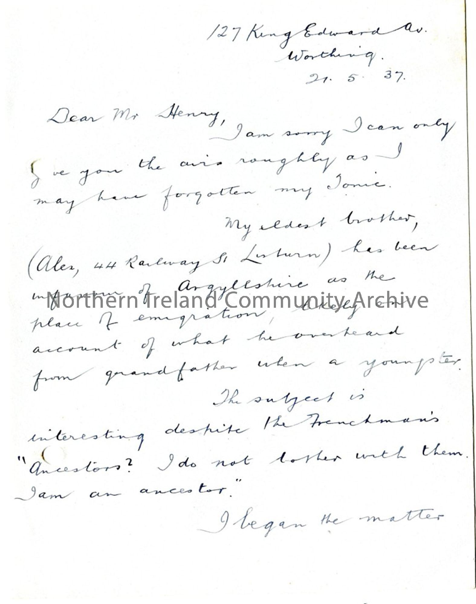 Page one: Handwritten letter from R. Craig, Worthing, dated 21.5.1937