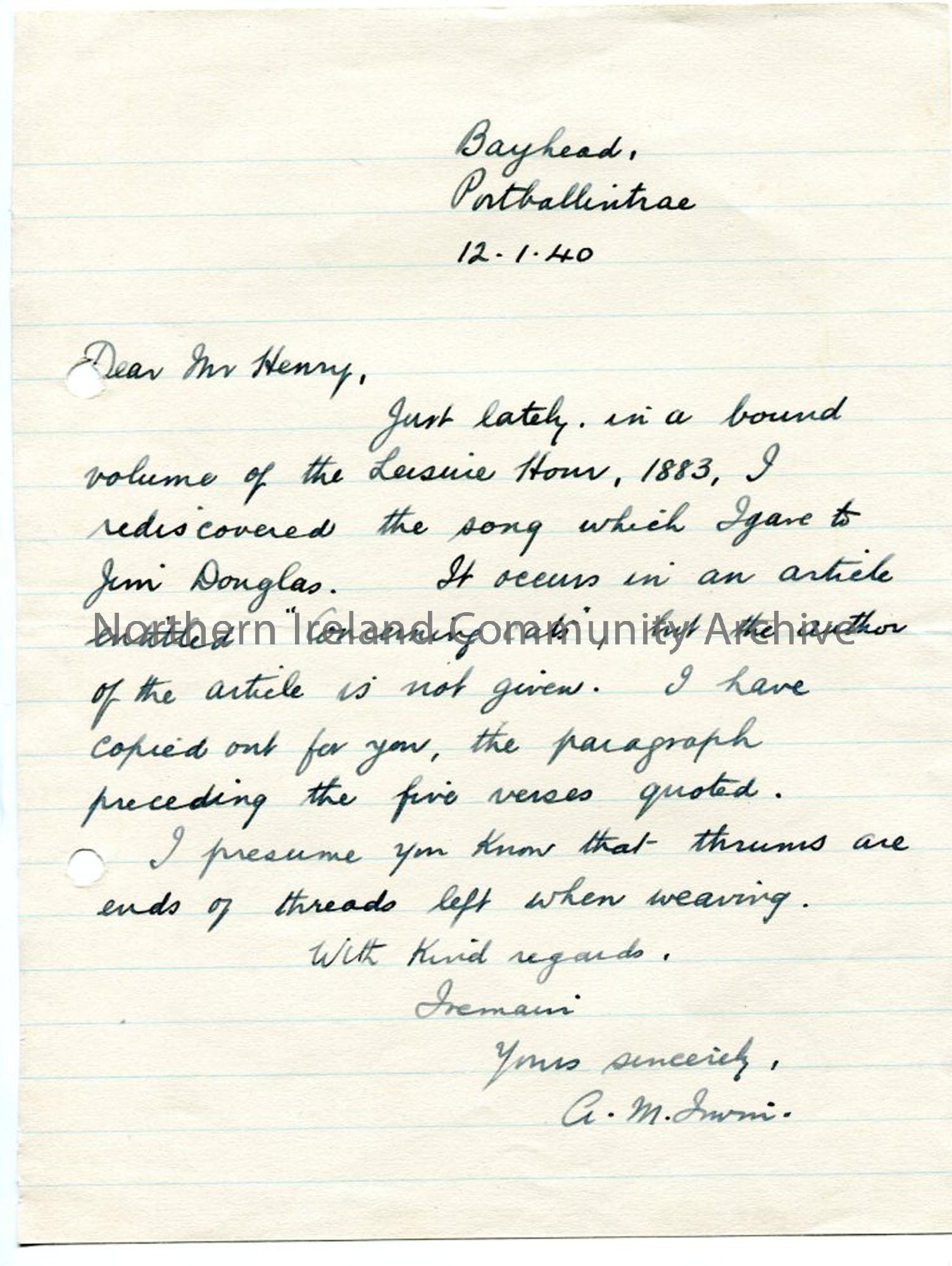 Page one: letter from A M Irwin, 12.1.1940