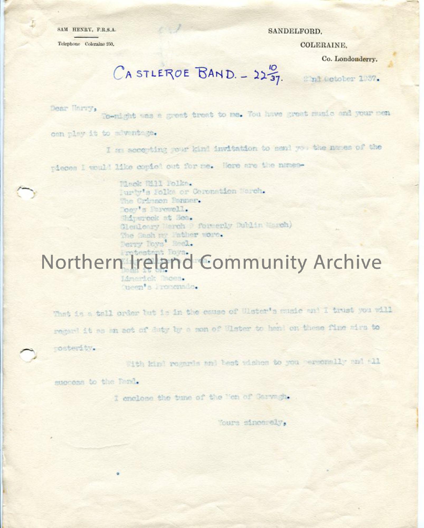 Copy of letter to Castleroe Protestant Flute Band, dated 22.10.1937