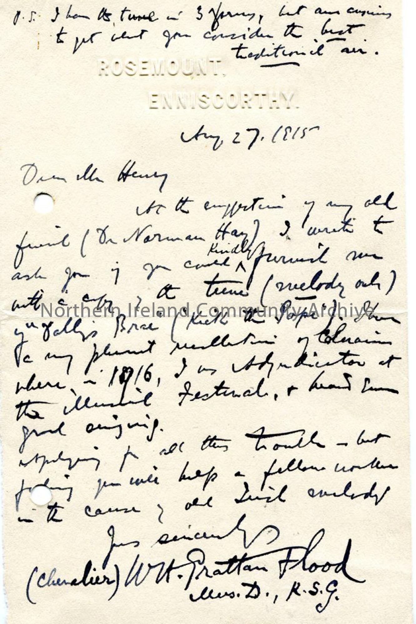 Letter from W H Grattan Flood, dated 27.8.1925?