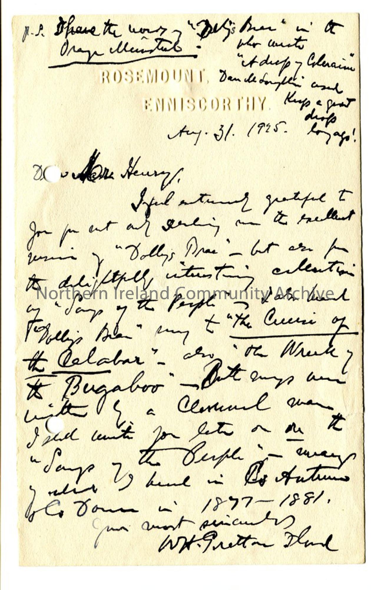 Letter from W H G Grattan Flood, dated 31.8.1925