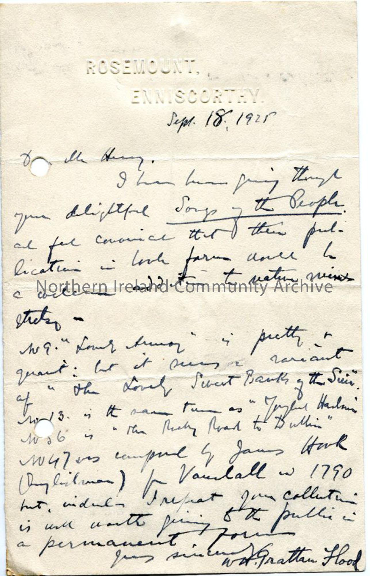 Letter from W H Grattan Flood, dated 18.9.1925