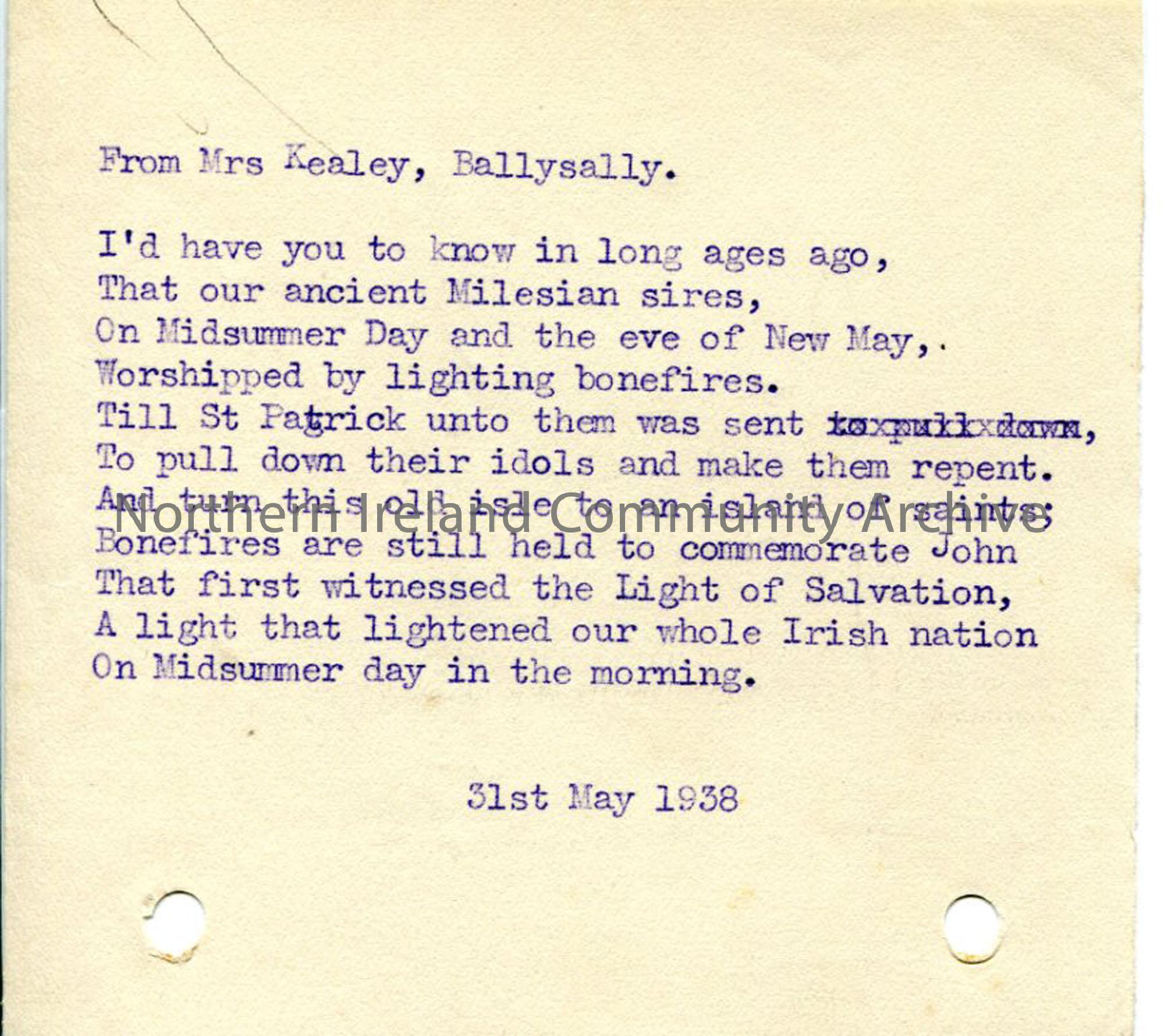 Untitled song from Mrs Kealey, 31st May 1938