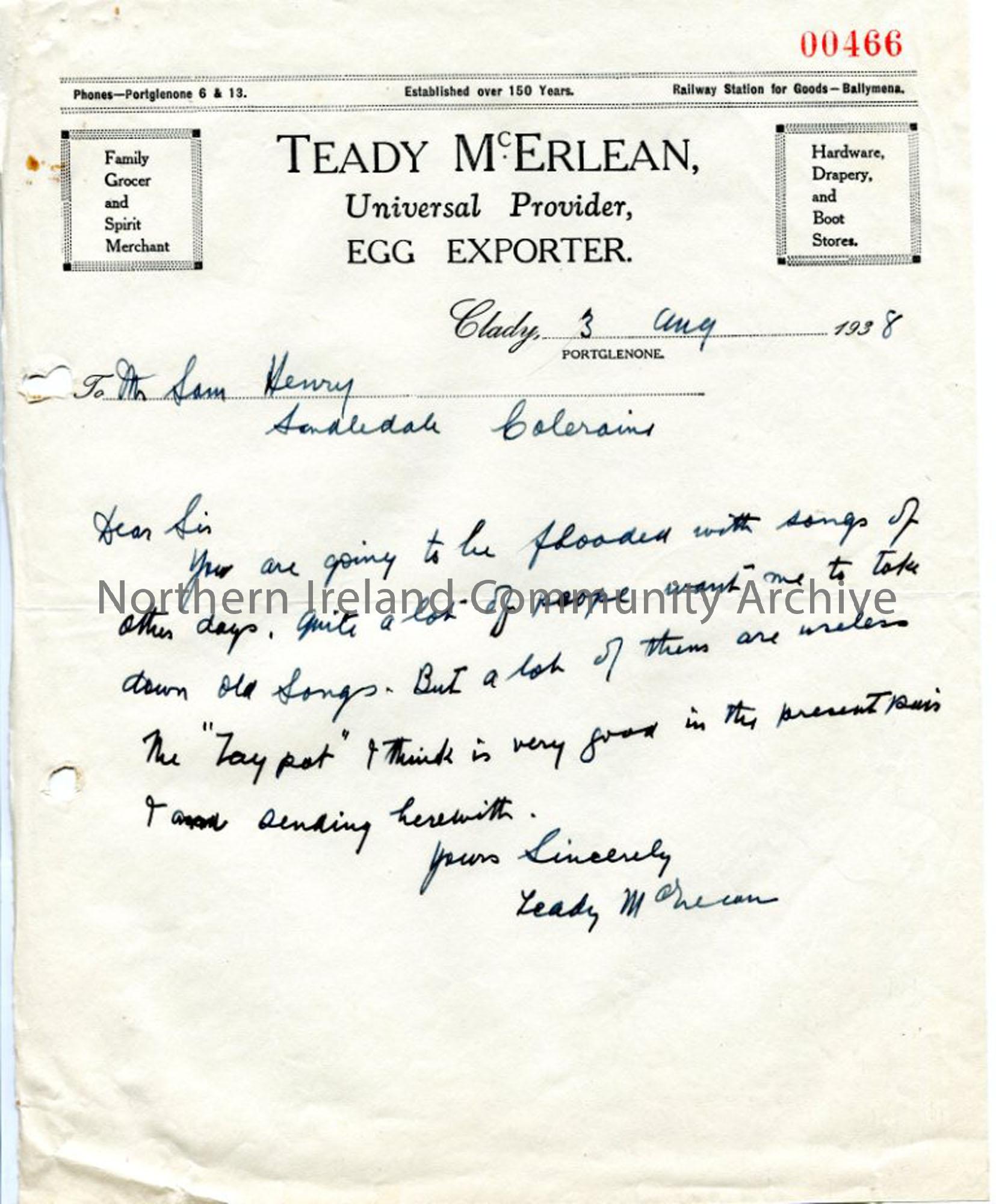 Handwritten letter on Teady McErlean’s business headed notepaper re willingness of people to donate songs.