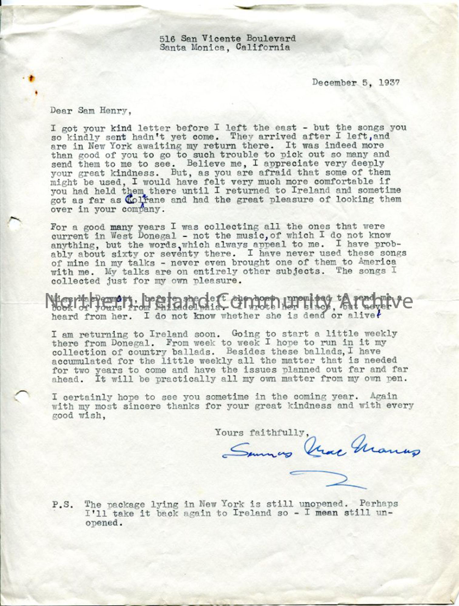 Typed letter from California 11th June, 1937
