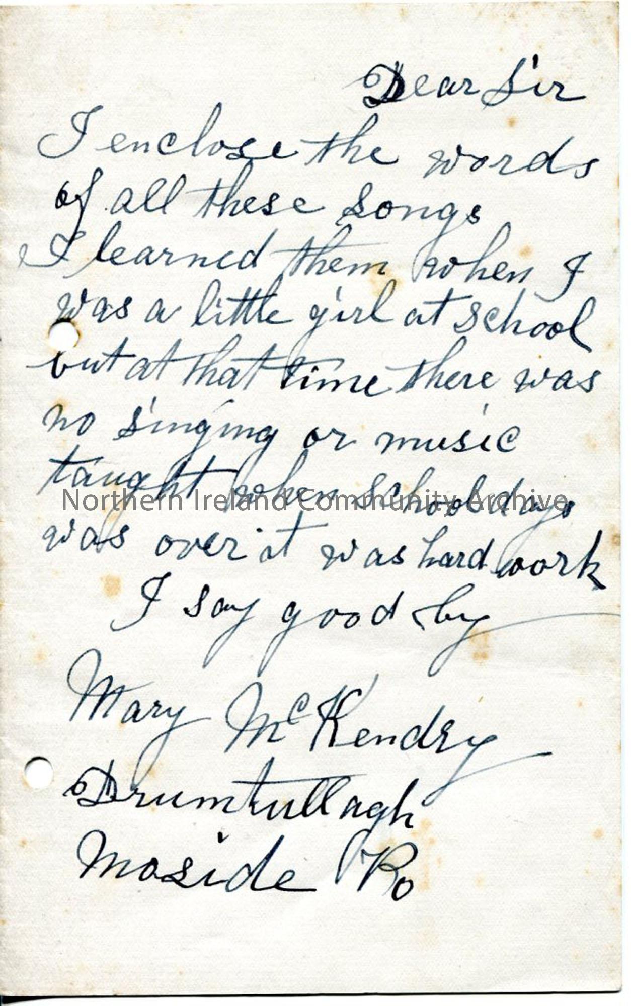 Handwritten letter from Mary McKendry