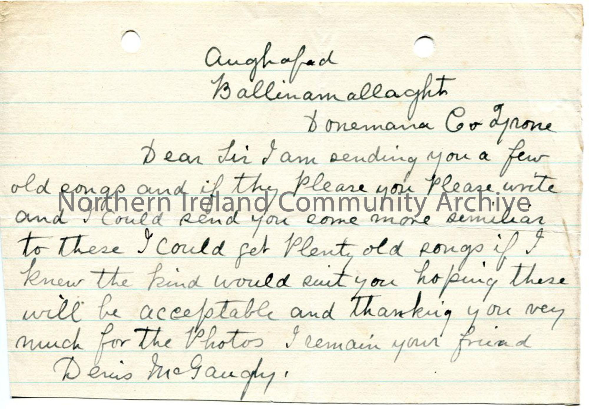 Handwritten letter from Dennis McGaughy