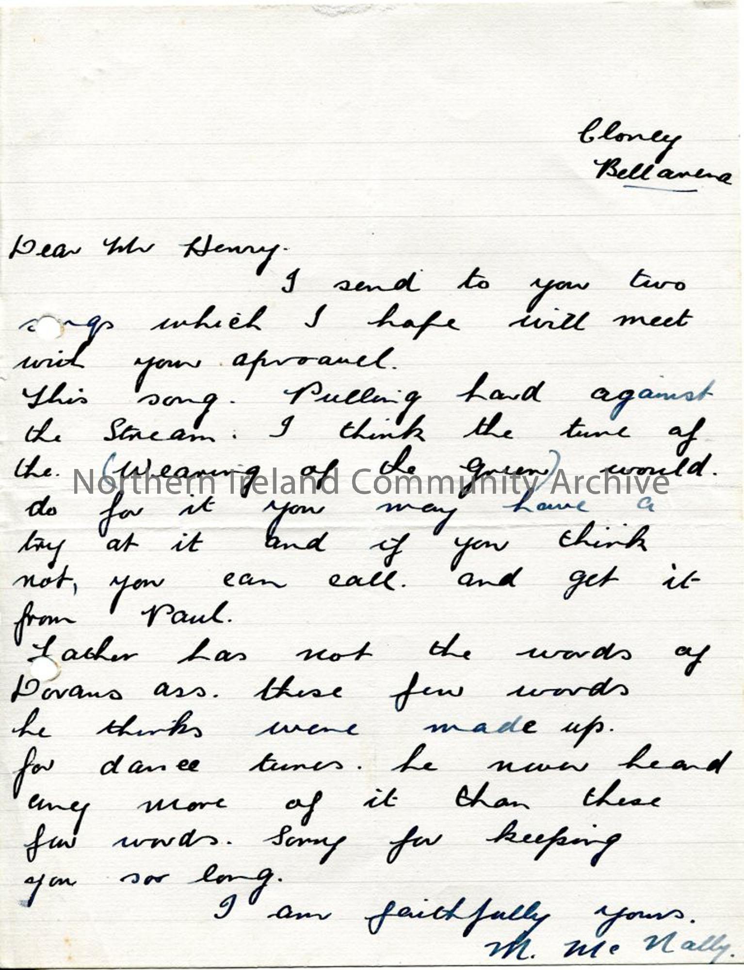 Handwritten letter by M. McNally
