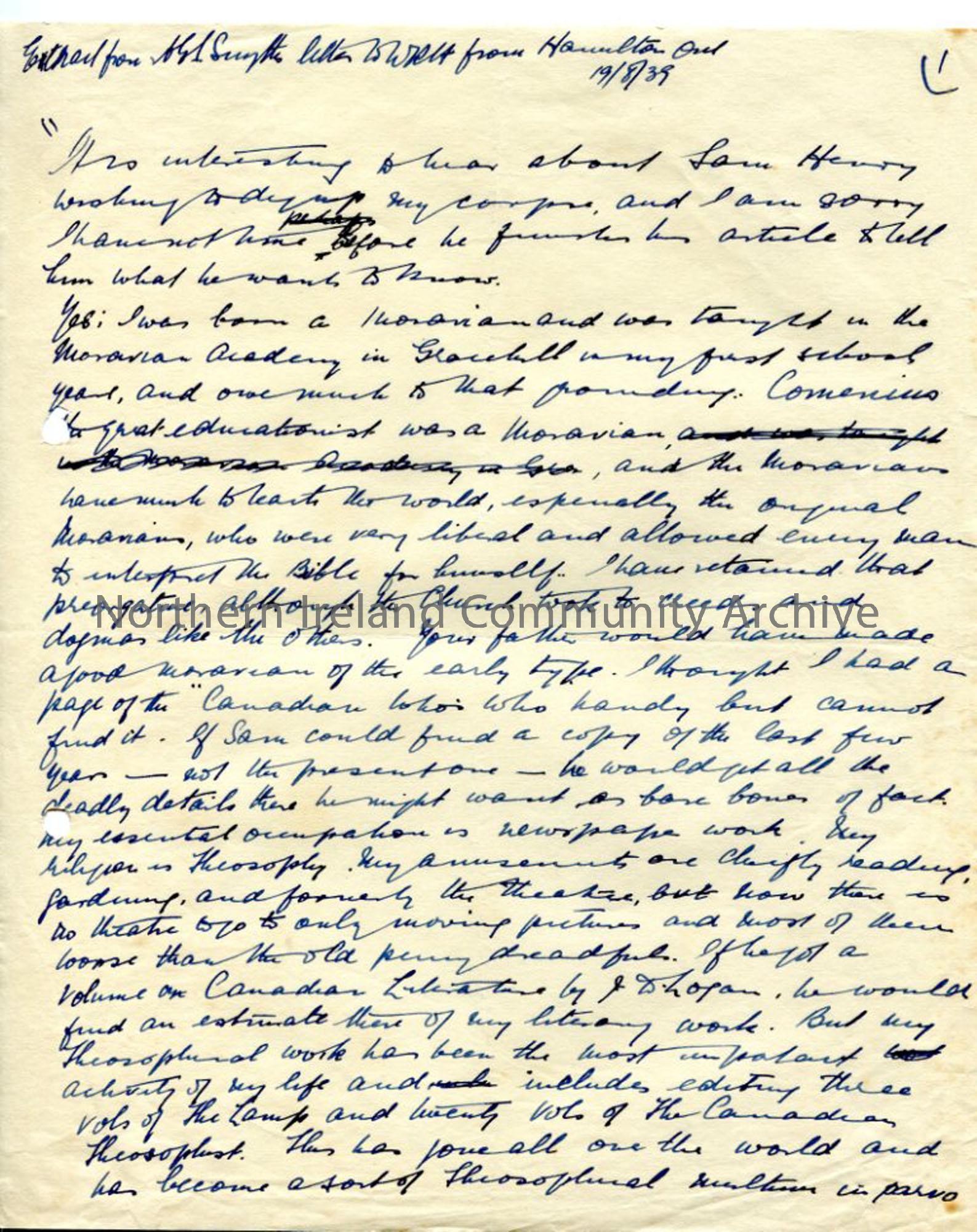 Handwritten extract from letter