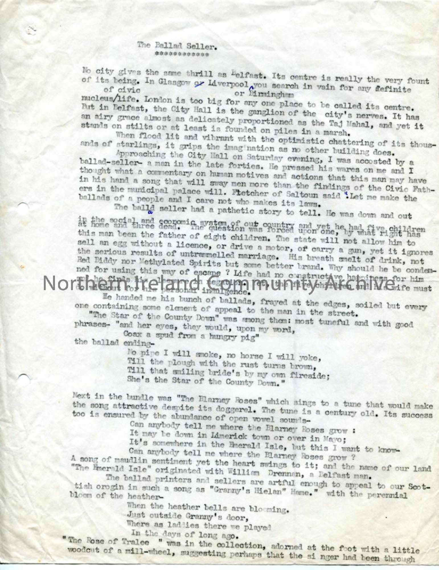 Page one- typed script for broadcast- The Ballad Seller