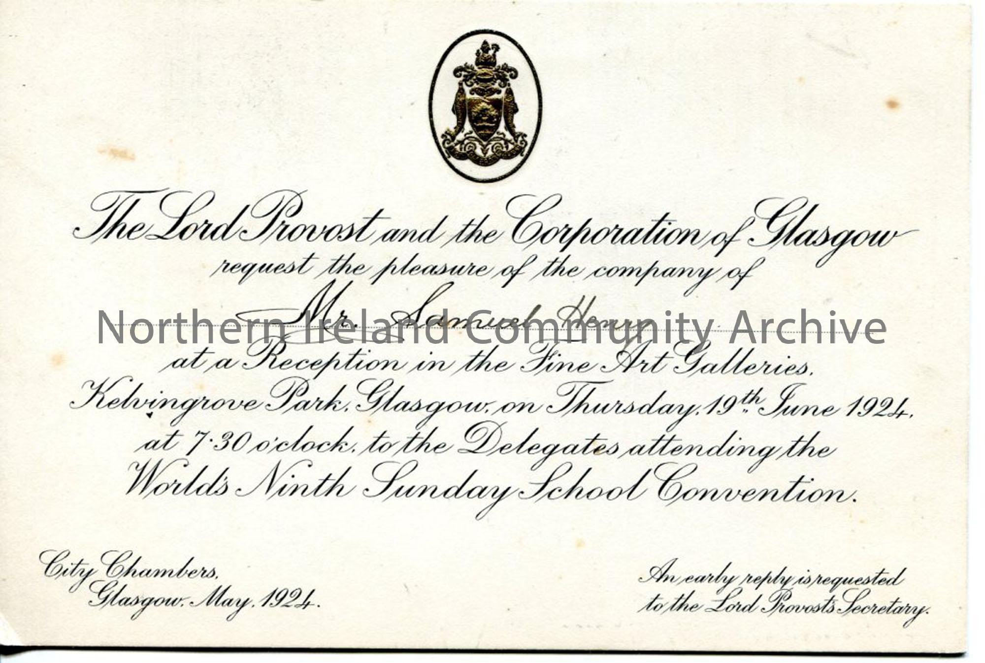 Invitation to Sam Henry from the Lord Provost and Corporation of Glasgow