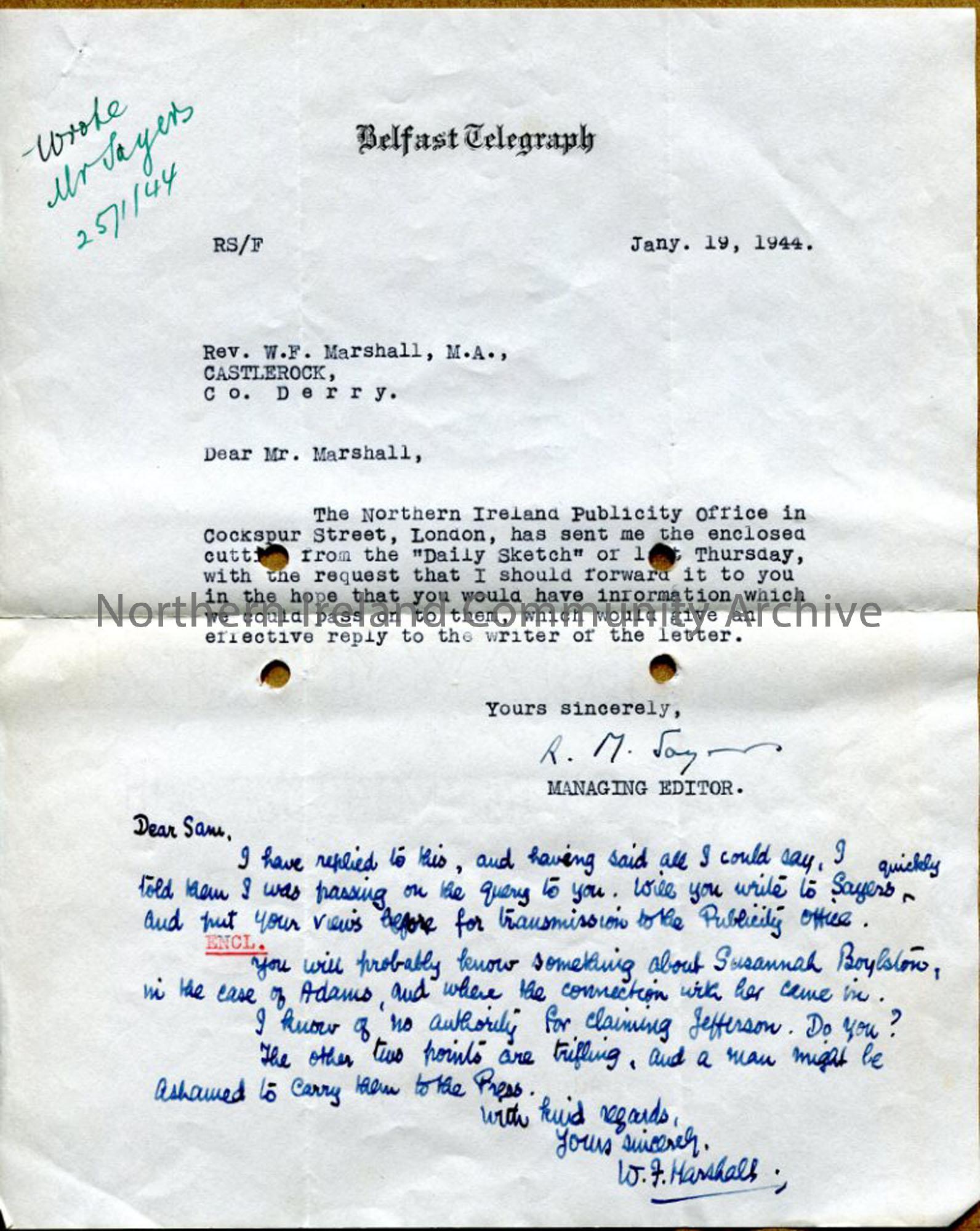 Typed letter, on Belfast Telegraph headed paper to W F Marshall