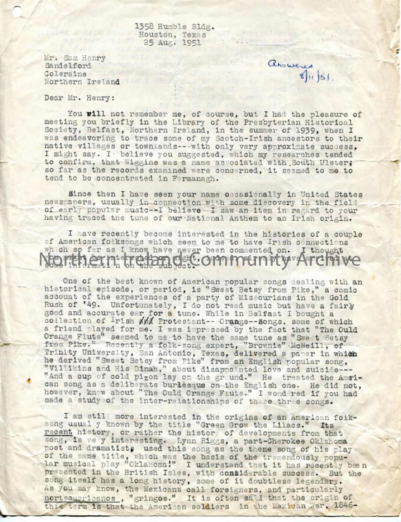 Page 1: Letter from Mr Porter, 25.8.1951
