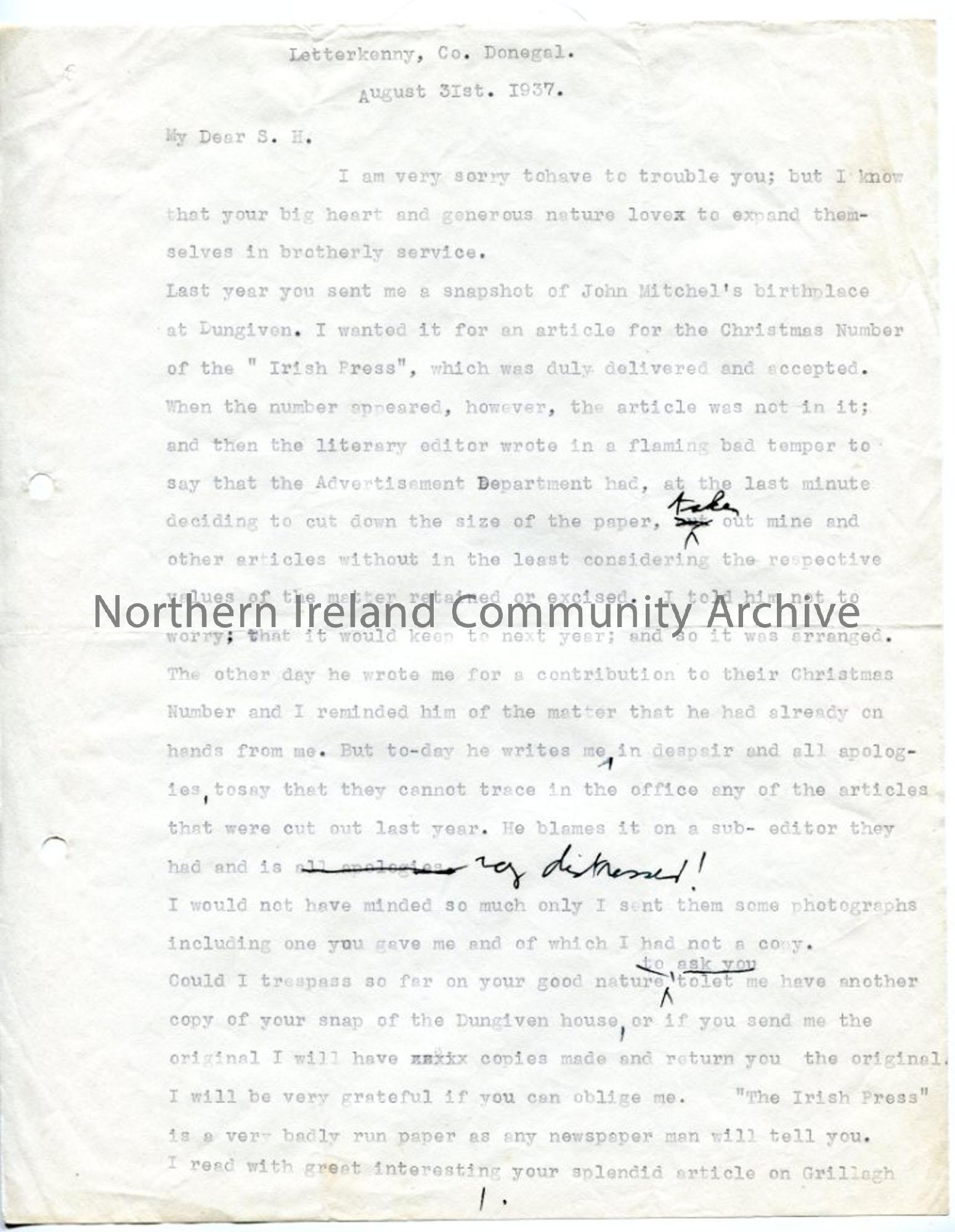Page 1 of 3: Letter from Louis Walsh, 31.8.1937