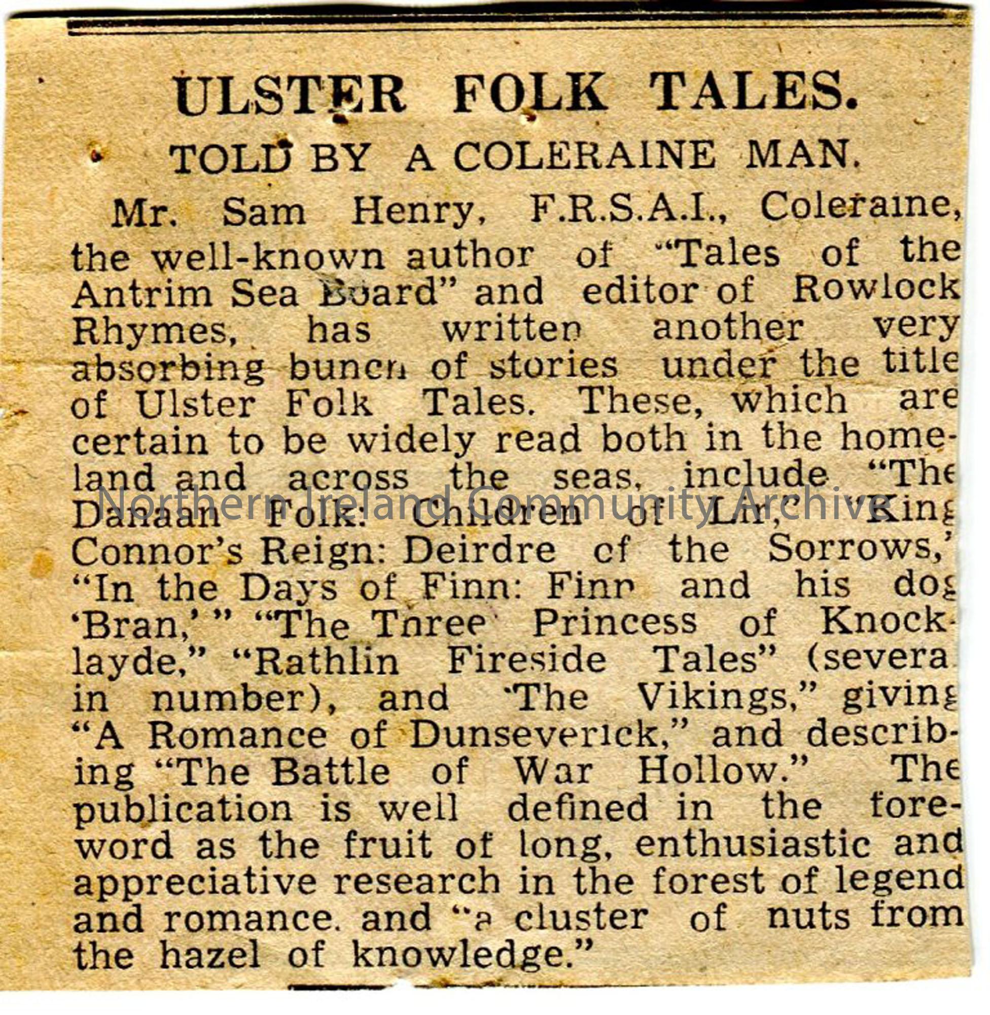 Newspaper Cutting: ‘Ulster Folk Tales’