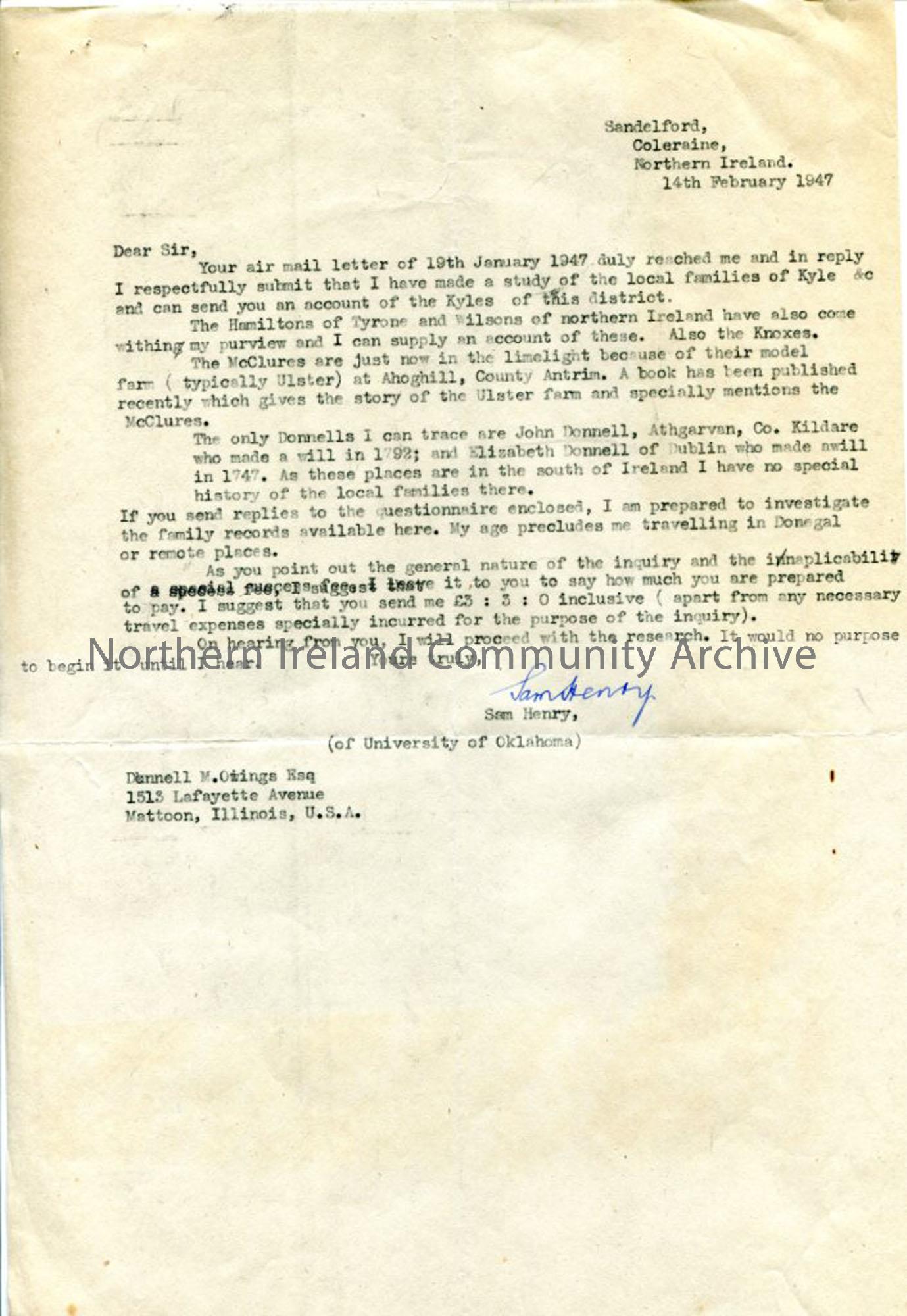 1 of 2 pages of a letter to Donnell M Owings, 14.2.1947