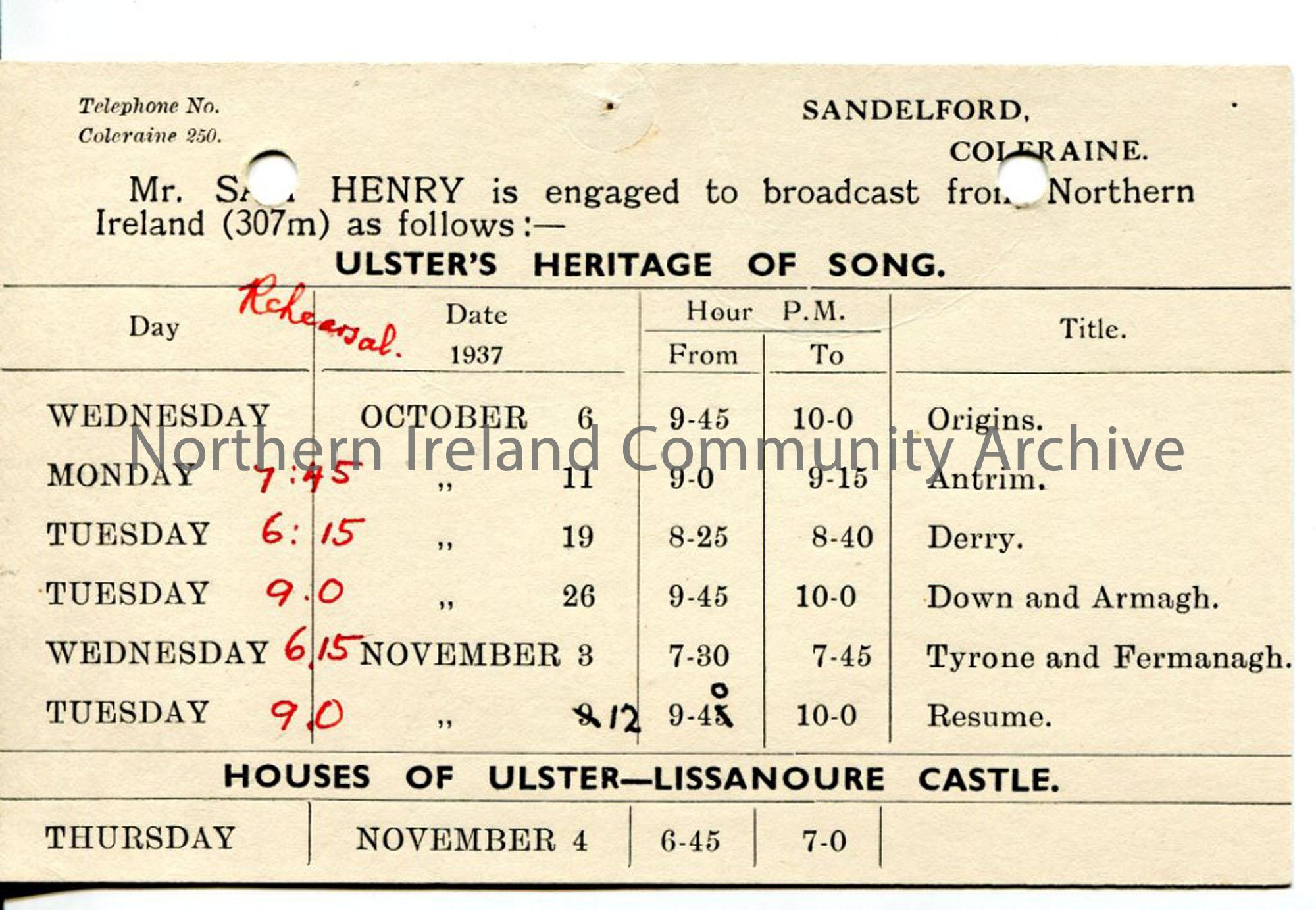 Postcard with dates for ‘Ulster Heritage of Song’ programmes