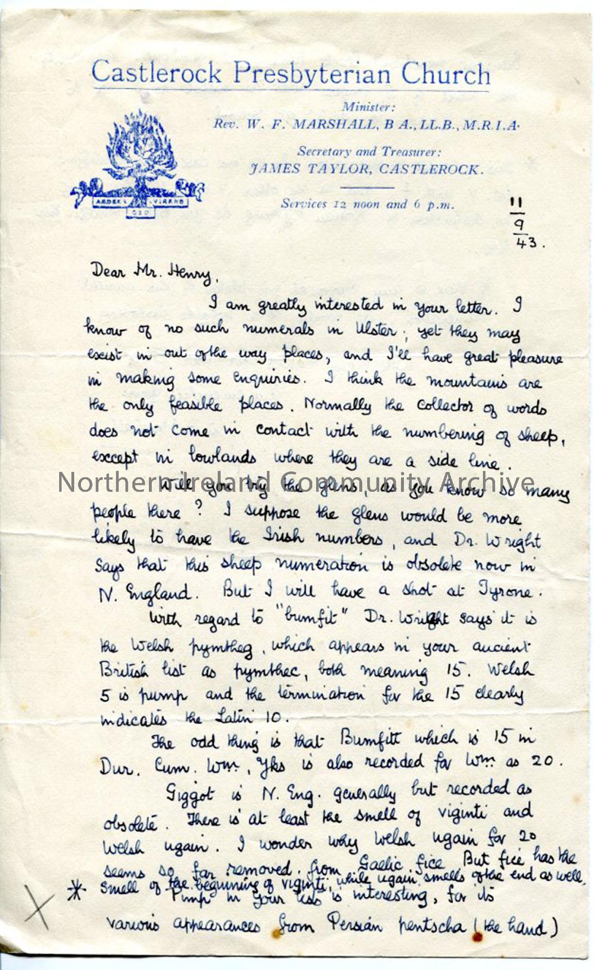 Page 1 of 2: Letter from W F Marshall, 11.9.1943