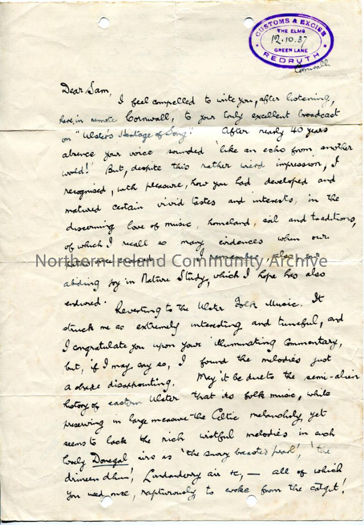 Page 1 of 2: Letter from F. J. B. MacDowell, 12.10.1937